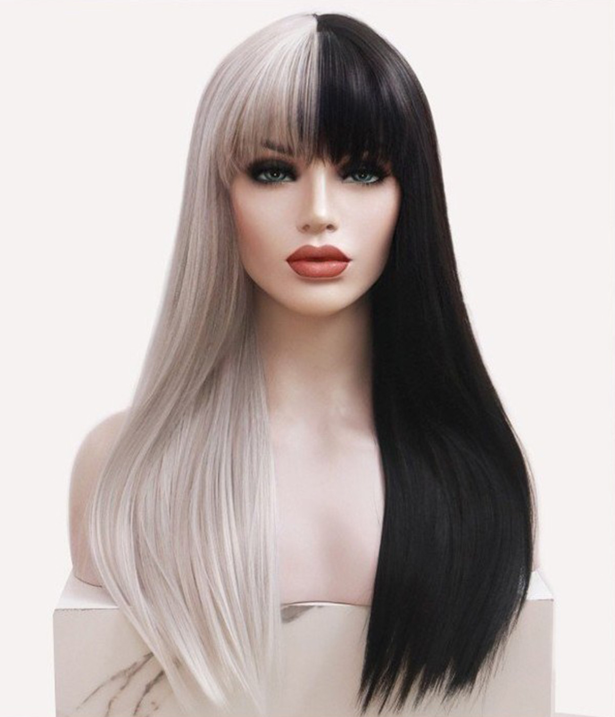 Hard Front Half Silver and Half Black Long Straight Synthetic Wig