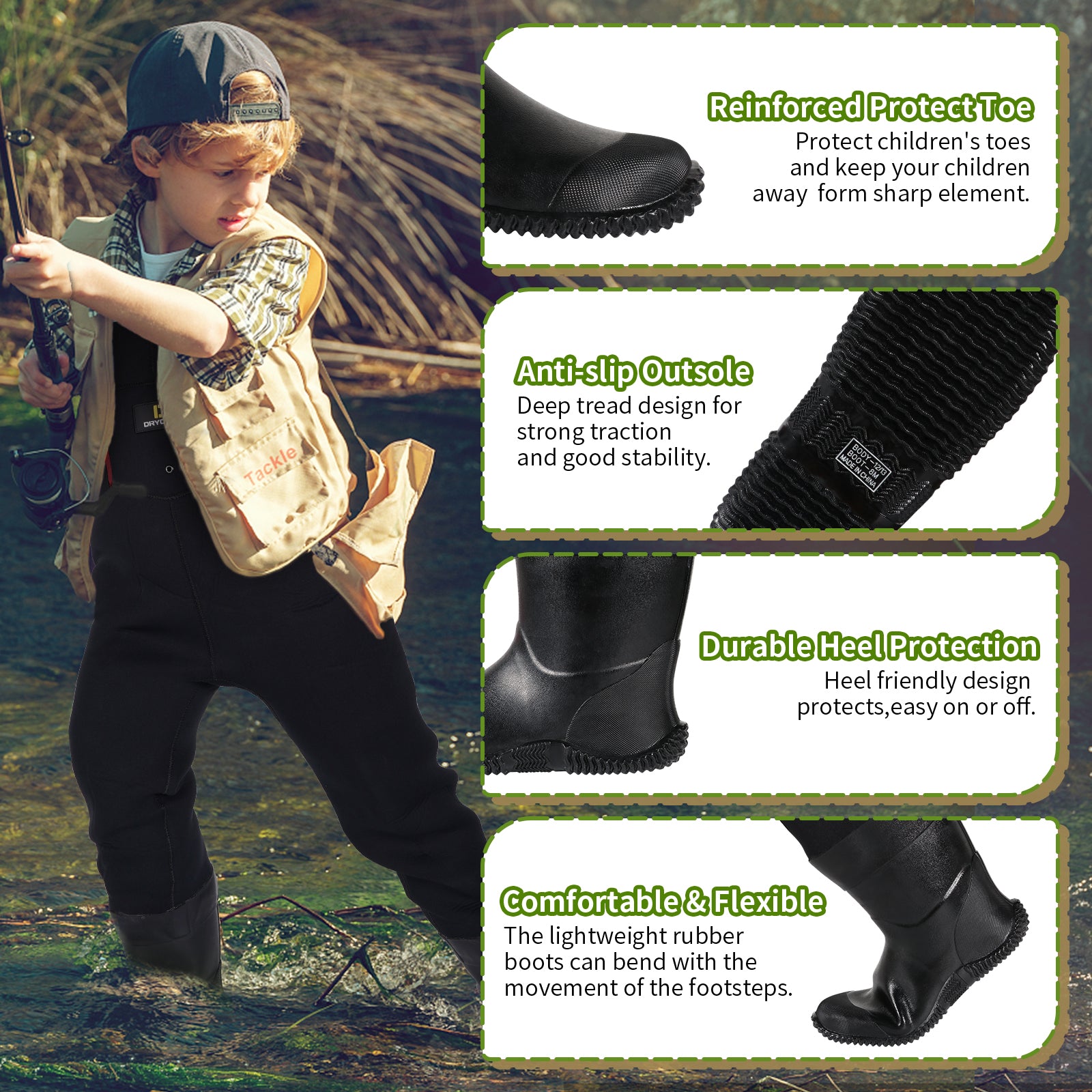 DRYCODE Kids Waders with Insulated Boots for Girl & Boy