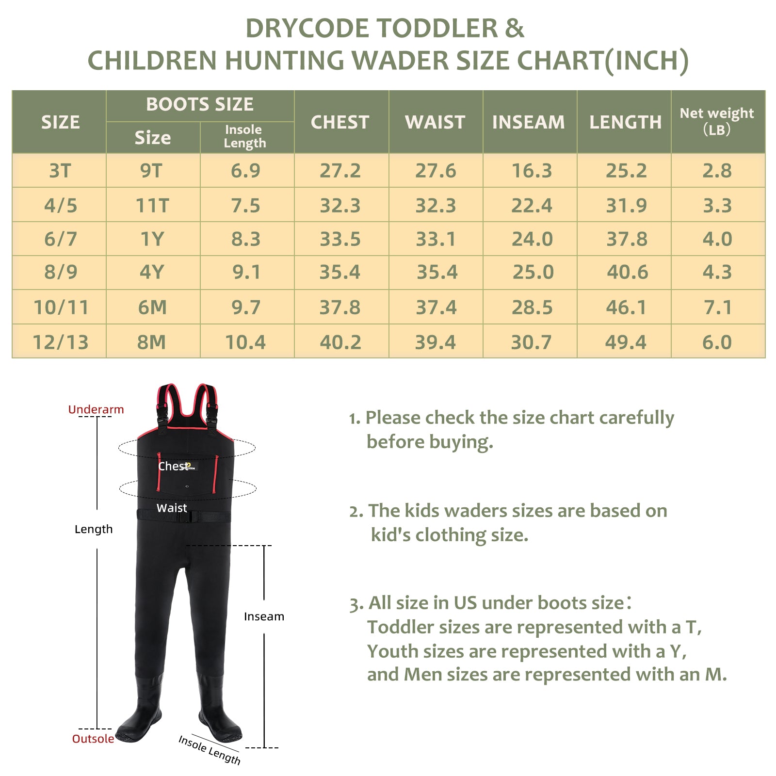 DRYCODE Kids Waders with Insulated Boots for Girl & Boy