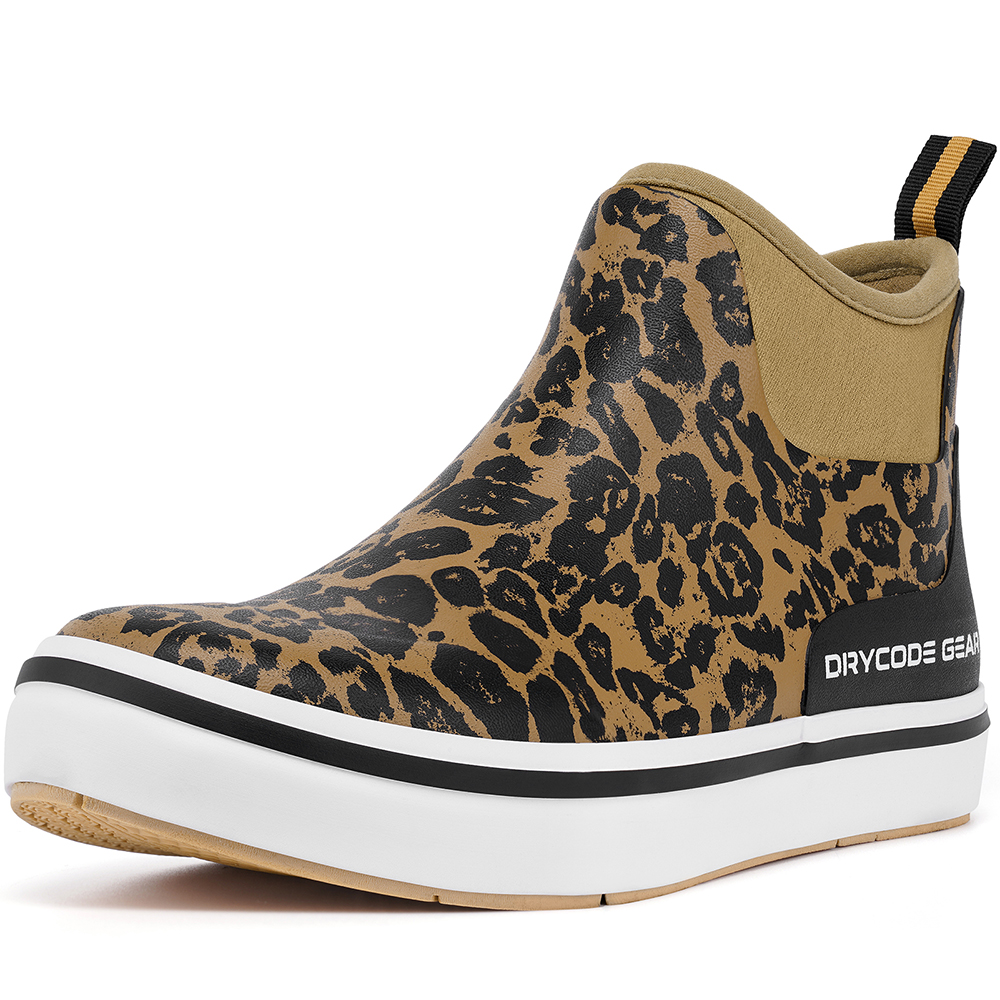 DRYCODE Fishing Deck Leopard Print Boots for Men, Short Rain Boots with Anti-slip Outsole
