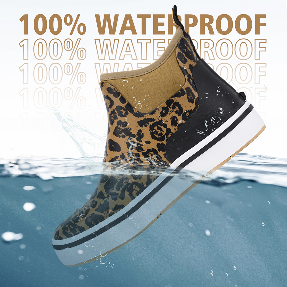 DRYCODE Deck Fishing Boots （Leopard Print）, Anti-Slip Rubber Ankle Boo