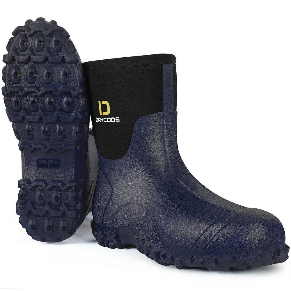 DRYCODE Waterproof Rubber Boots for Men with Steel Shank, Mid Calf Rain Boots