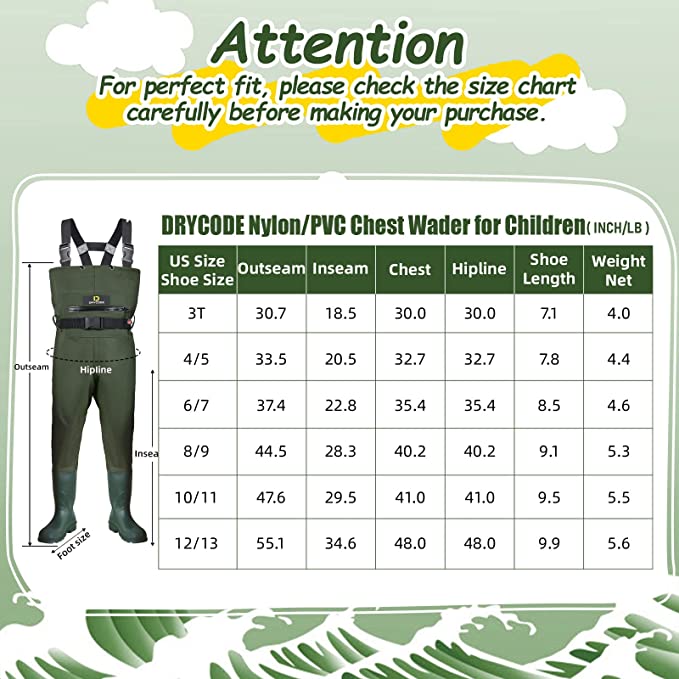 DRYCODE Lightweight Kids Chest Waders with Boots