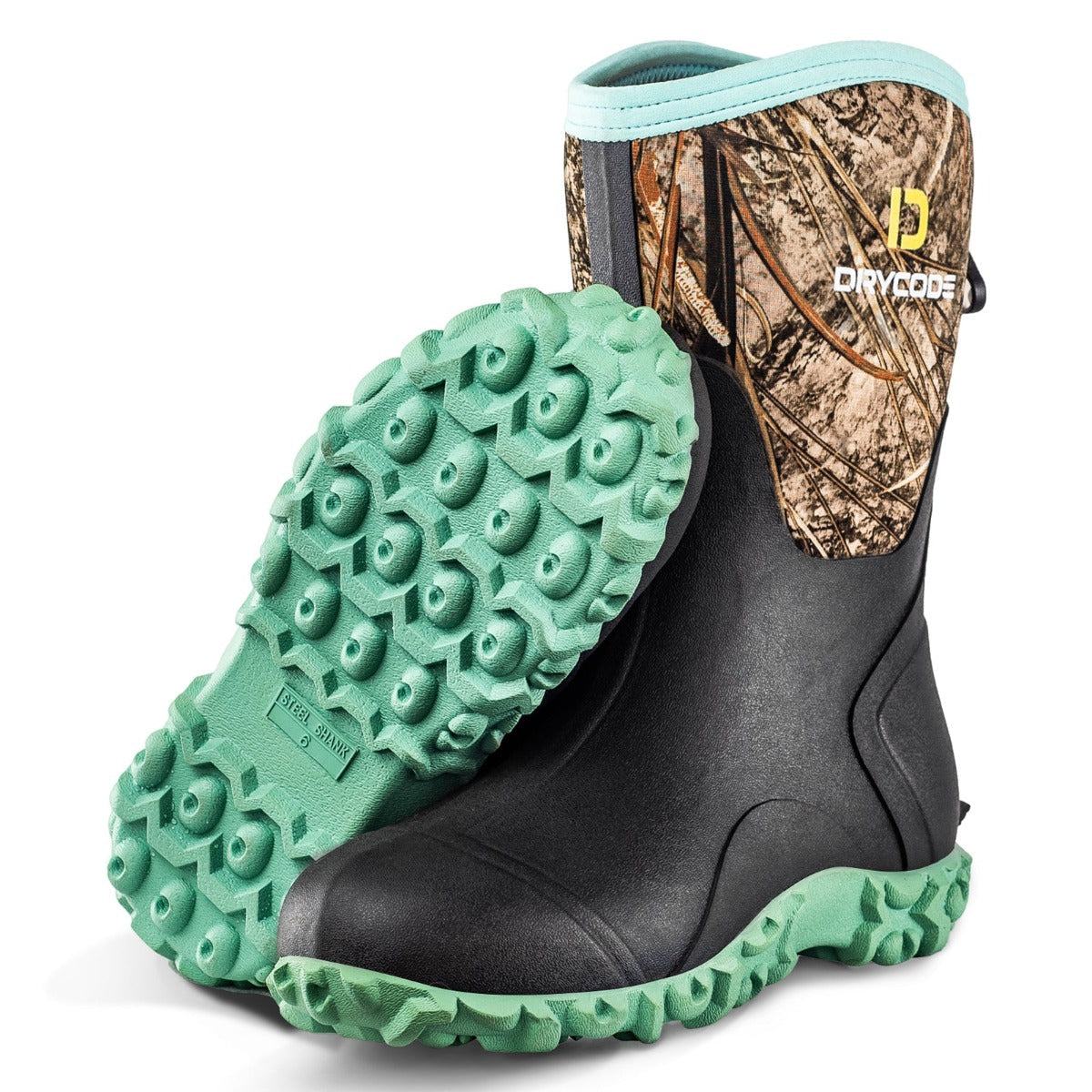 Rubber Rain Boots (Green) for Women with Steel Shank, 5mm Neoprene Camo Boots