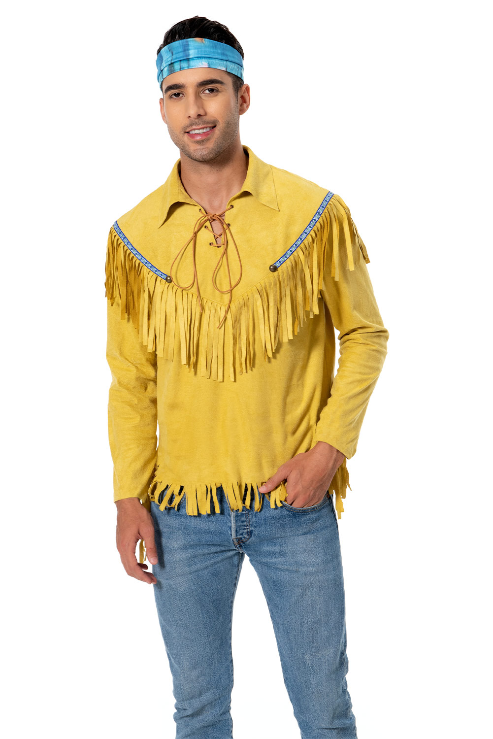 70S Retro Vintage Hippie Men Yellow Fringed Shirt Costume Halloween Carnival Suit