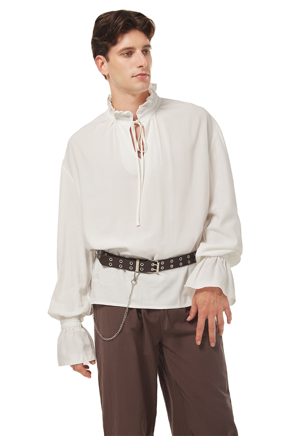 Retro Vintage Men Pirate Lace Up Shirt White Outfit Halloween Carnival Suit