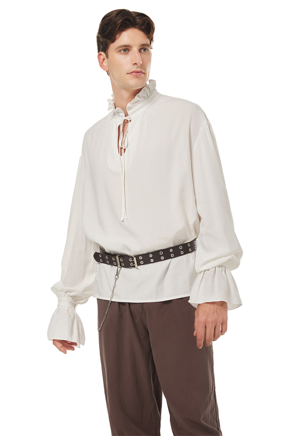 Retro Vintage Men Pirate Lace Up Shirt White Outfit Halloween Carnival Suit