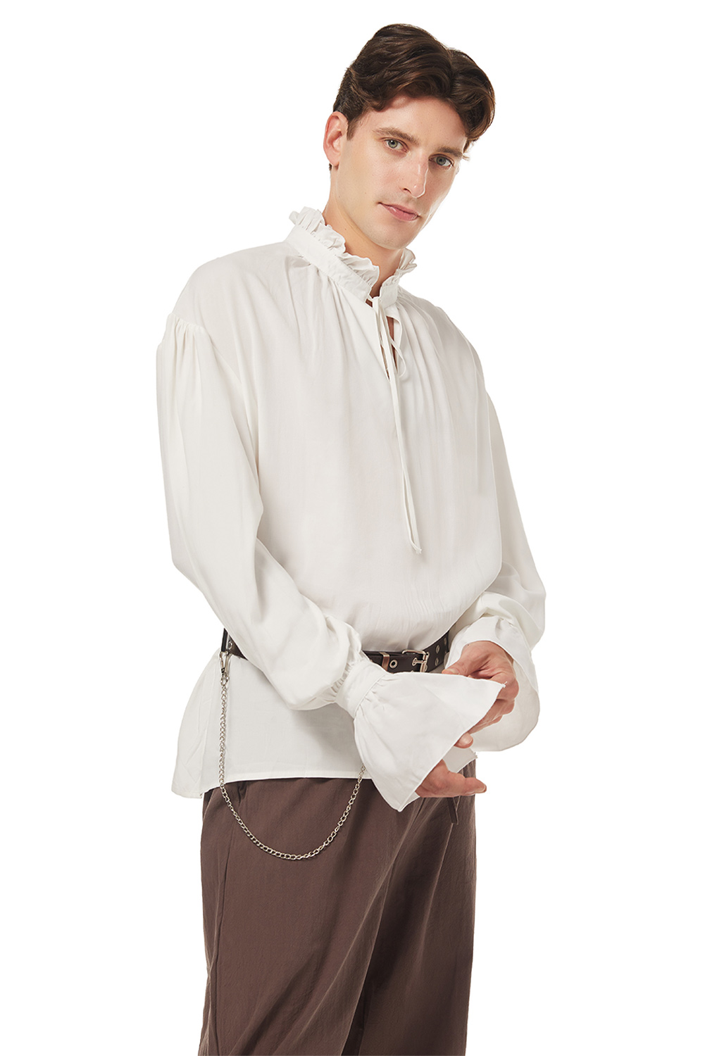 Retro Vintage Men Pirate Lace Up Shirt White Outfit Halloween Carnival Suit