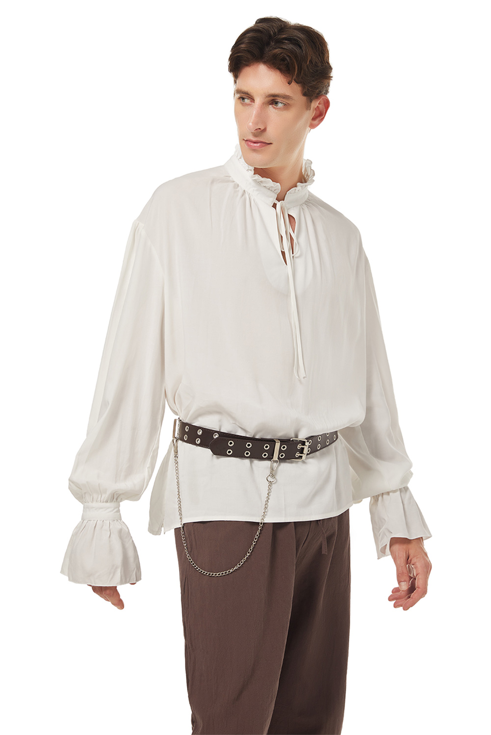 Retro Vintage Men Pirate Lace Up Shirt White Outfit Halloween Carnival Suit