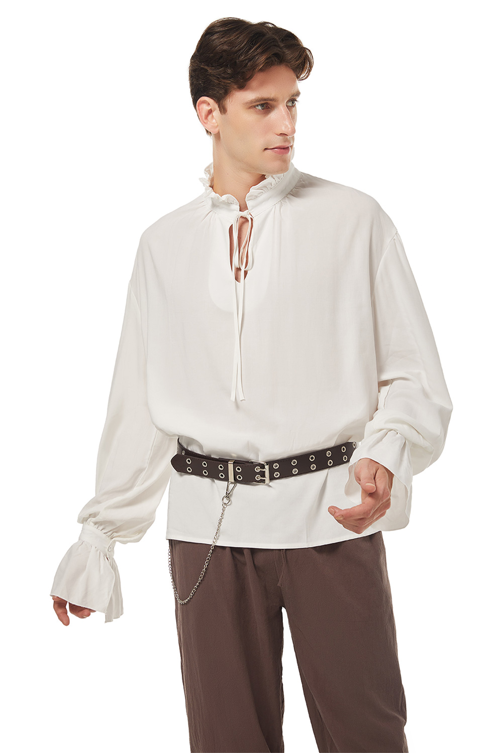 Retro Vintage Men Pirate Lace Up Shirt White Outfit Halloween Carnival Suit