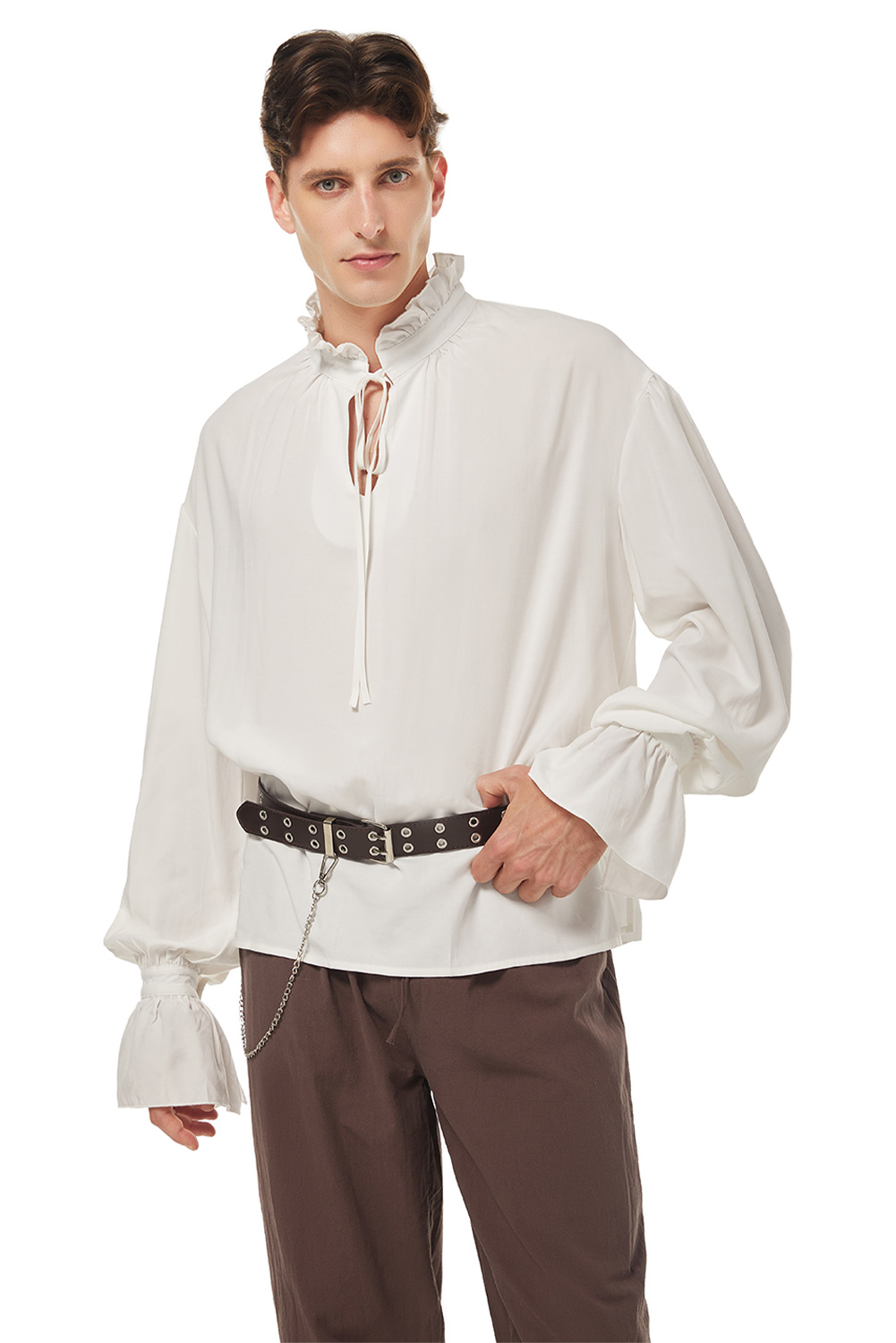 Retro Vintage Men Pirate Lace Up Shirt White Outfit Halloween Carnival Suit