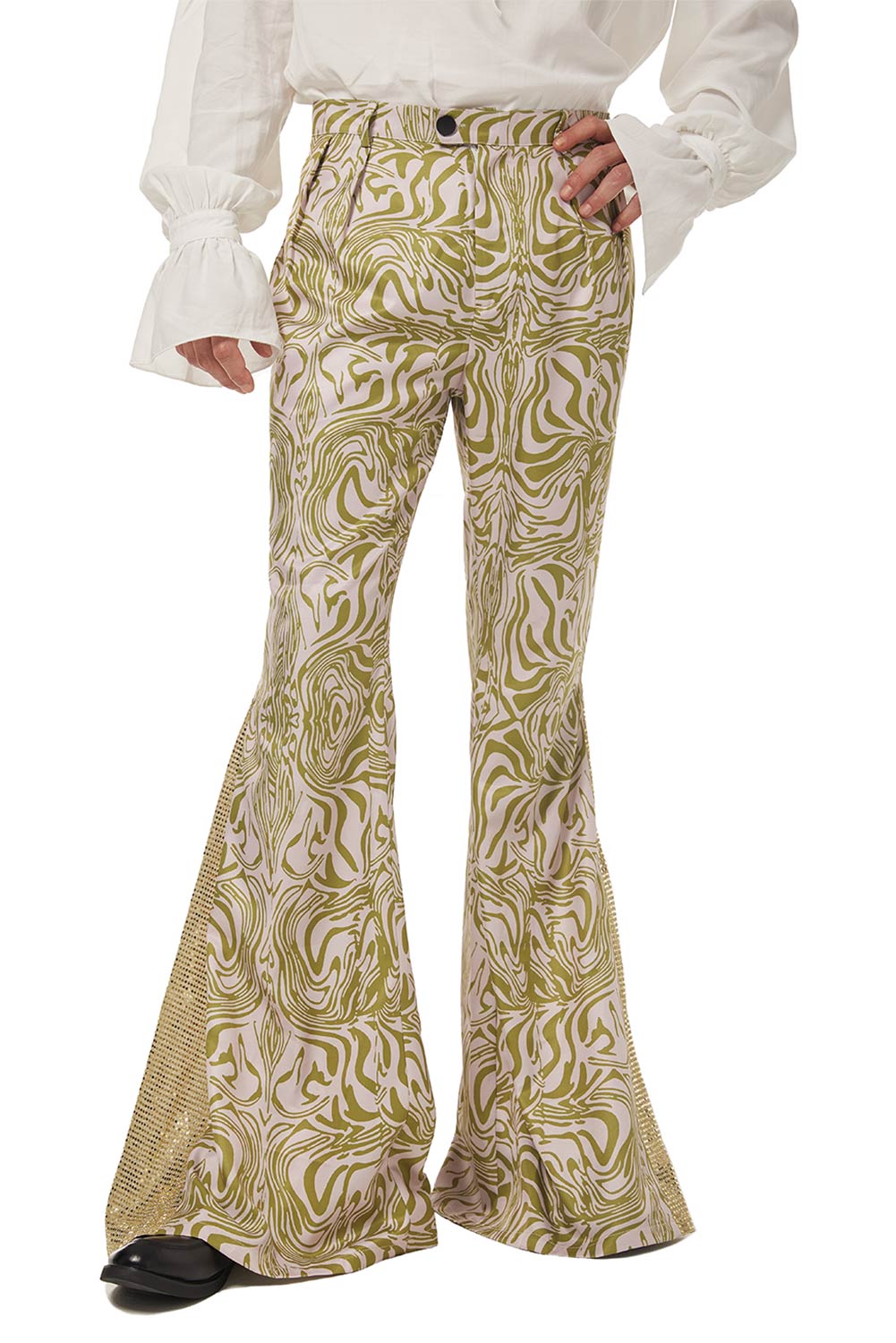 70S Retro Vintage Disco Men Print Trousers Flared Jeans Costume Halloween Carnival Suit