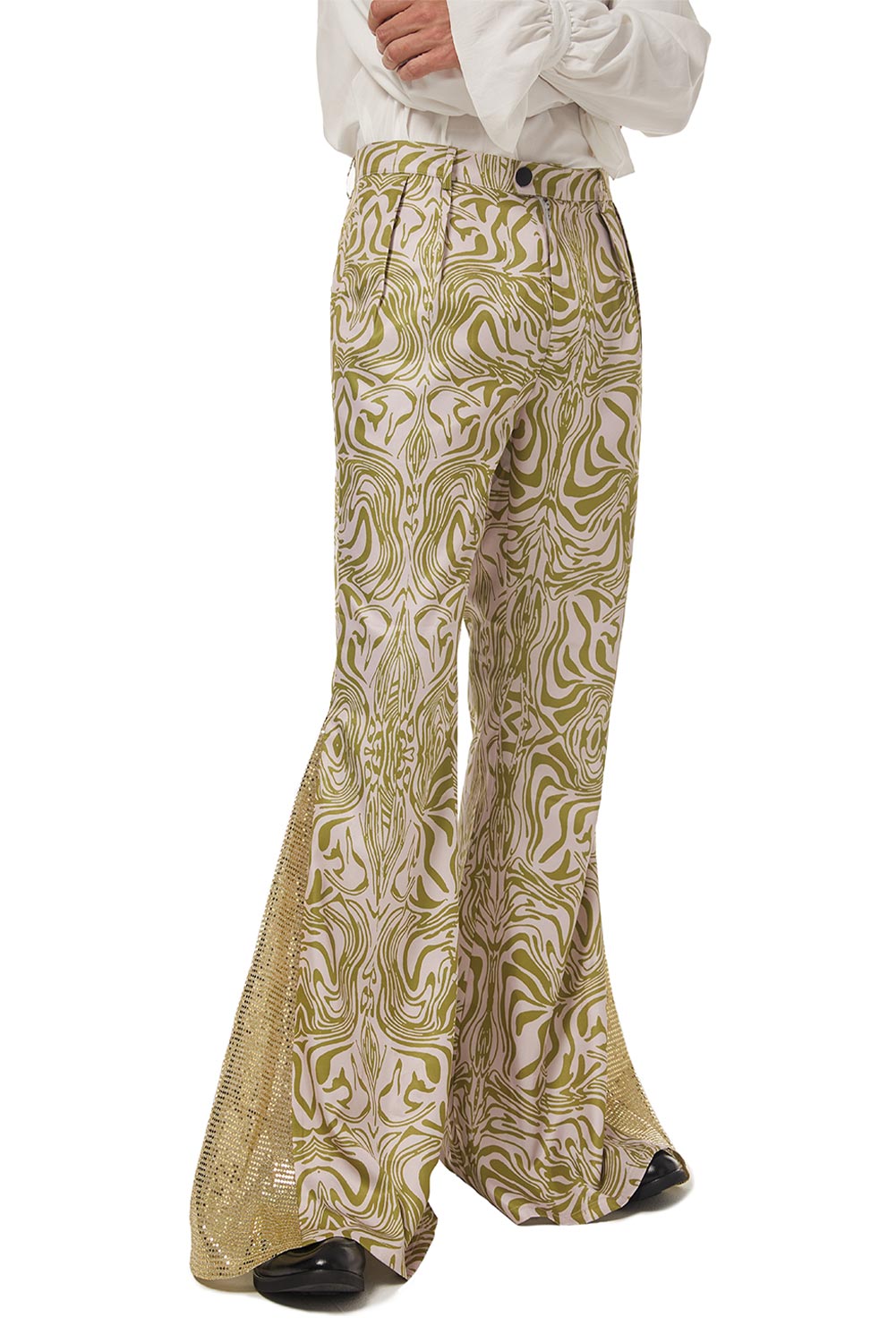 70S Retro Vintage Disco Men Print Trousers Flared Jeans Costume Halloween Carnival Suit