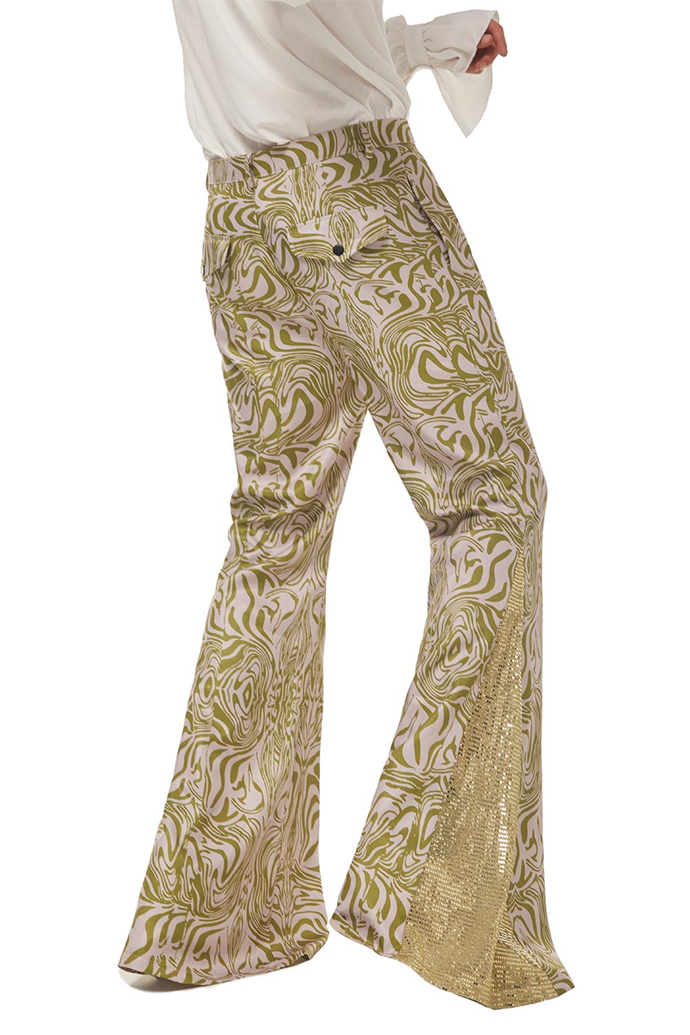 70S Retro Vintage Disco Men Print Trousers Flared Jeans Costume Halloween Carnival Suit