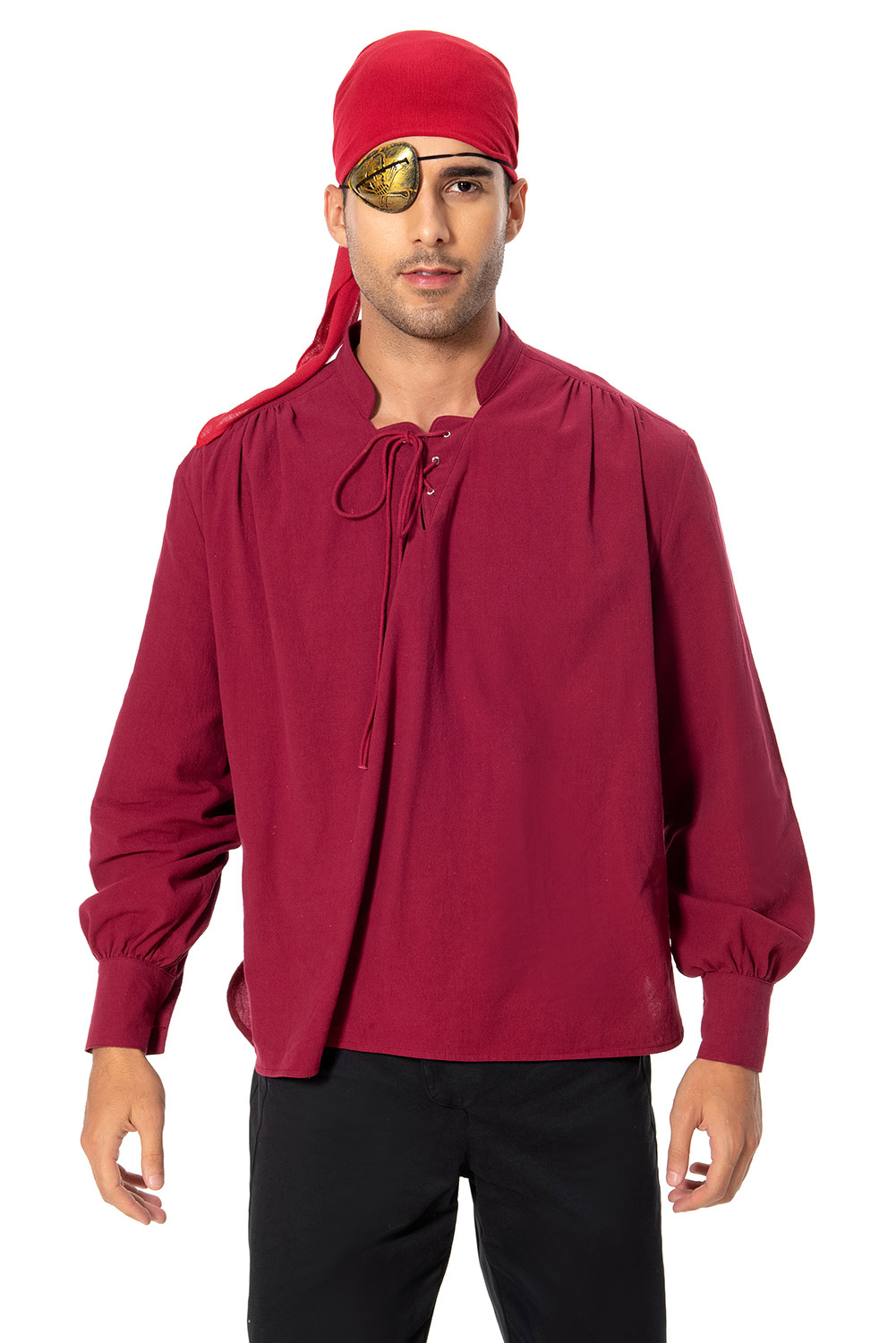 Retro Vintage Men Pirate Lace Up Red Long Sleeve Shirt Halloween Carnival Suit