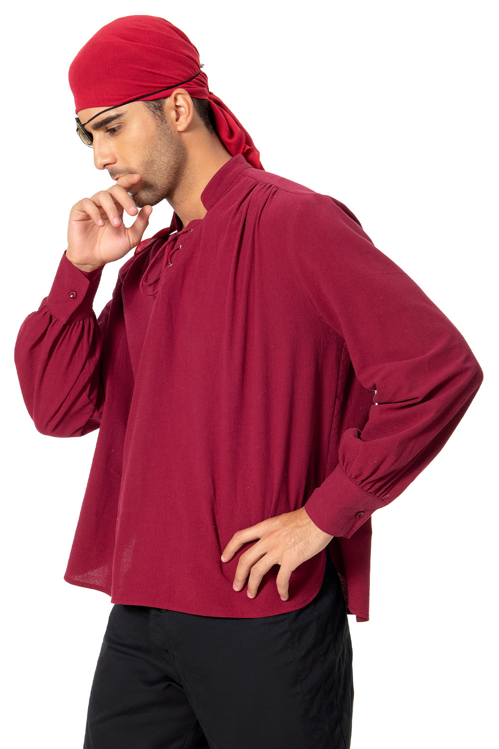 Retro Vintage Men Pirate Lace Up Red Long Sleeve Shirt Halloween Carnival Suit