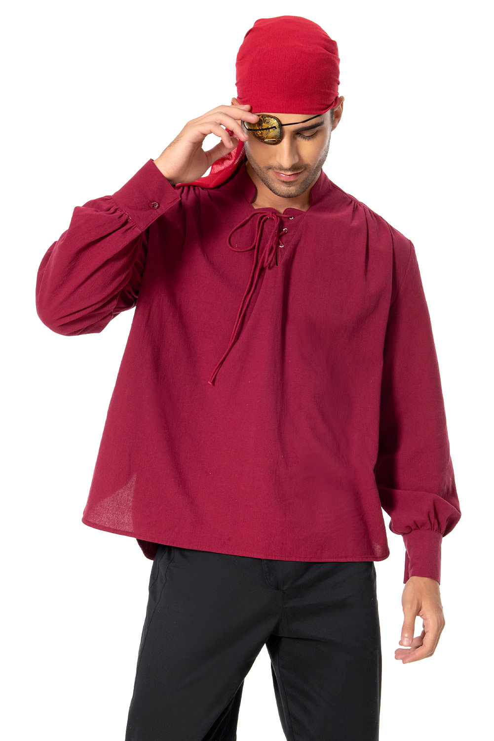 Retro Vintage Men Pirate Lace Up Red Long Sleeve Shirt Halloween Carnival Suit