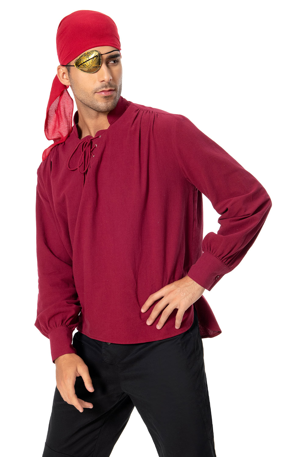 Retro Vintage Men Pirate Lace Up Red Long Sleeve Shirt Halloween Carnival Suit