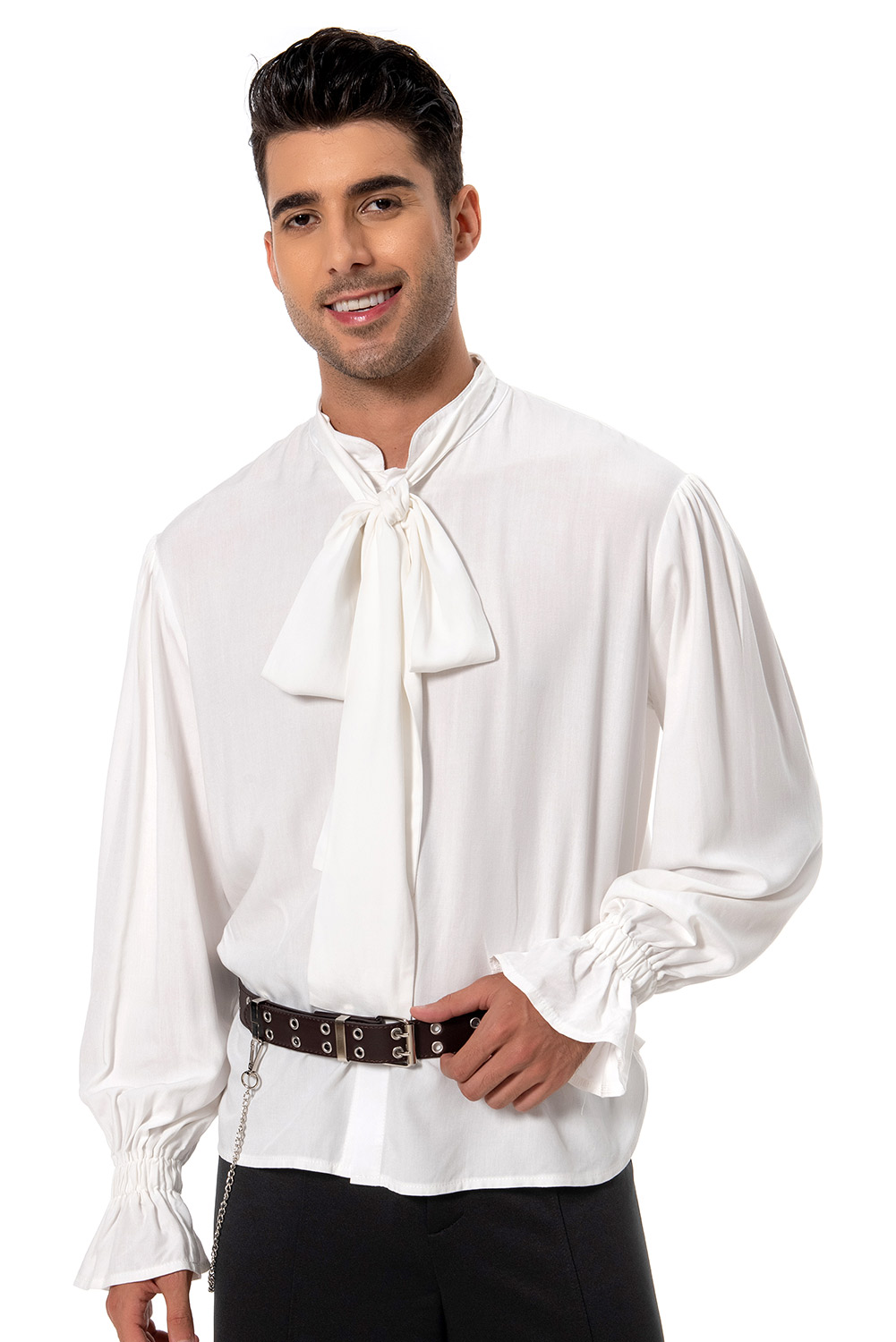 Retro Vintage Men Pirate Bow Shirt White Halloween Carnival Suit