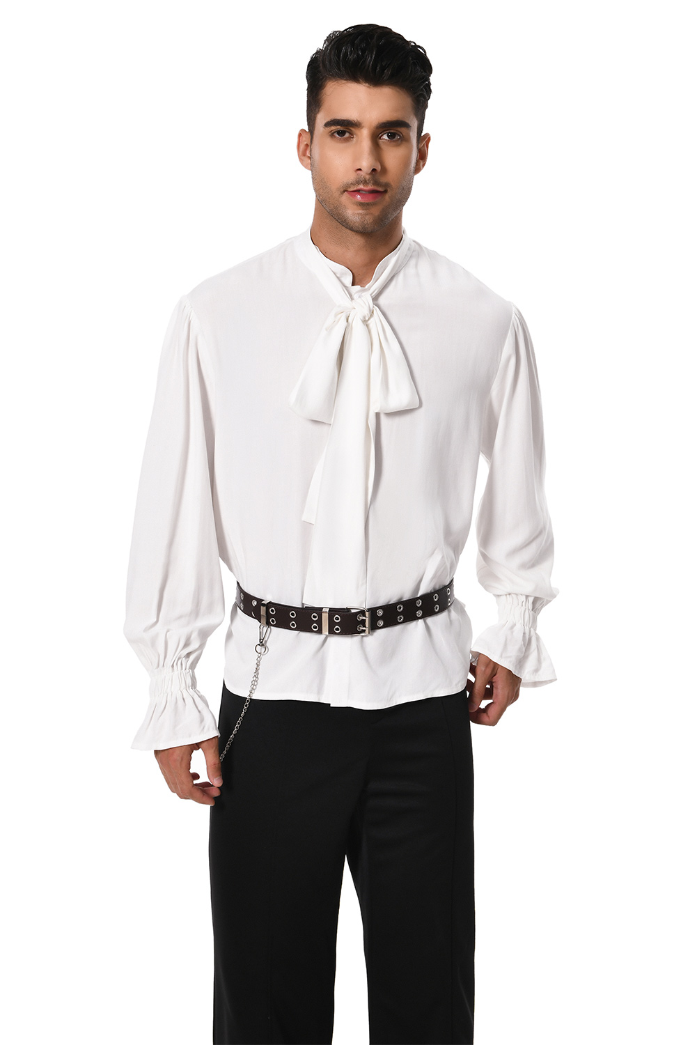 Retro Vintage Men Pirate Bow Shirt White Halloween Carnival Suit