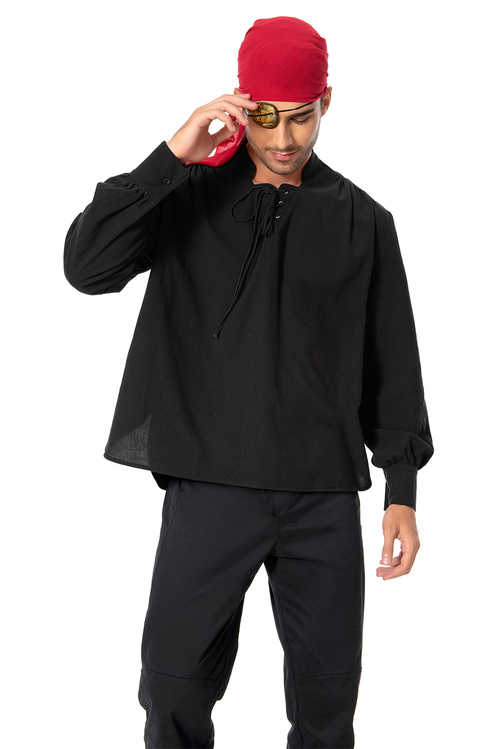 Retro Vintage Men Pirate Lace Up Long Sleeve Shirt Black Outfit  Halloween Carnival Suit