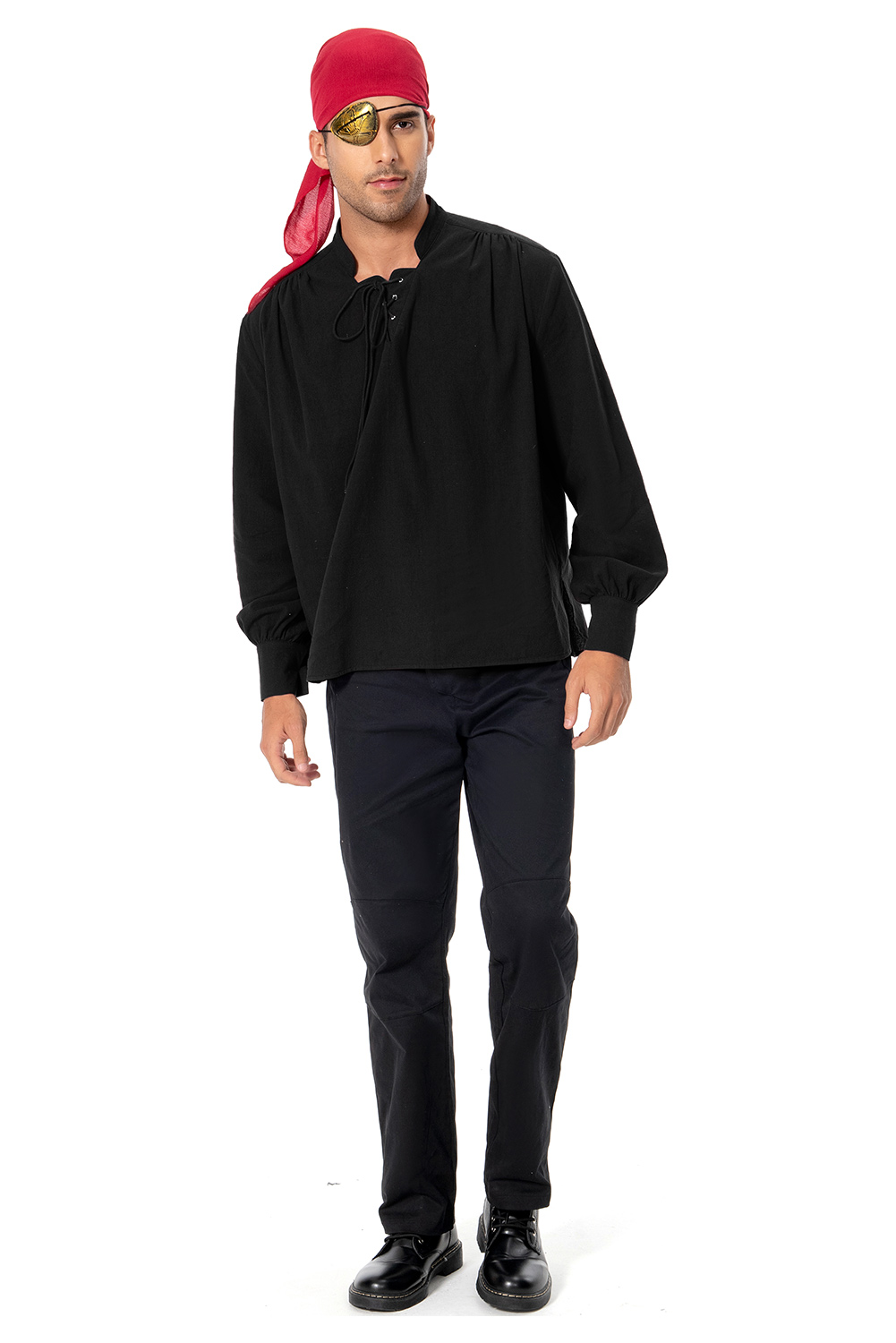 Retro Vintage Men Pirate Lace Up Long Sleeve Shirt Black Outfit  Halloween Carnival Suit