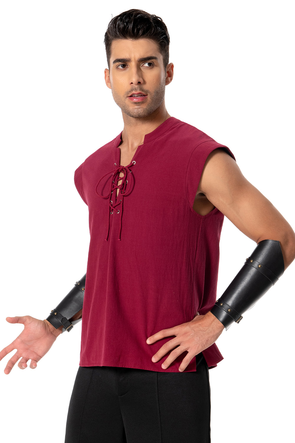 Retro Vintage Men Red Sleeveless Shirt Wrist Outfit Halloween Carnival Suit