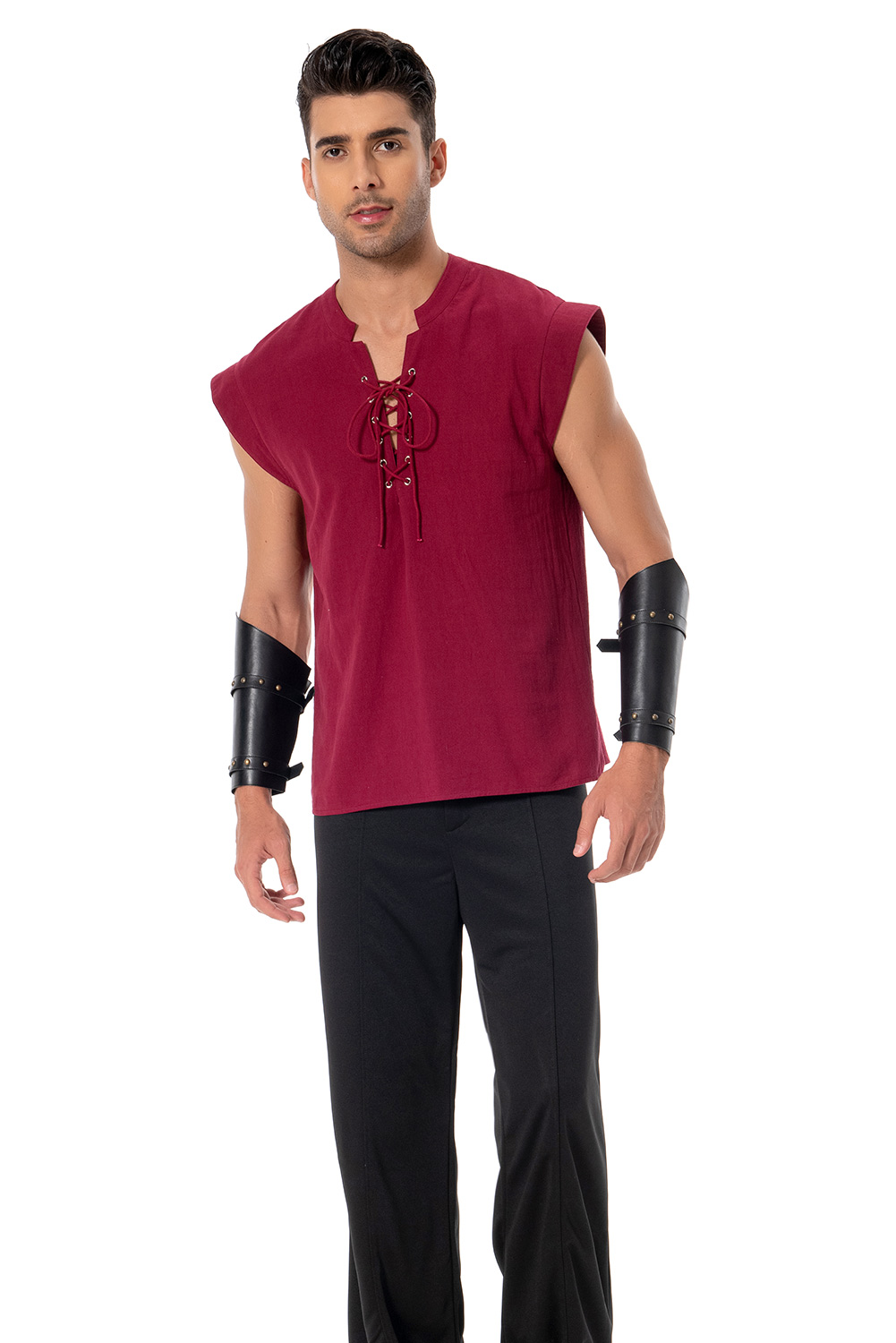 Retro Vintage Men Red Sleeveless Shirt Wrist Outfit Halloween Carnival Suit
