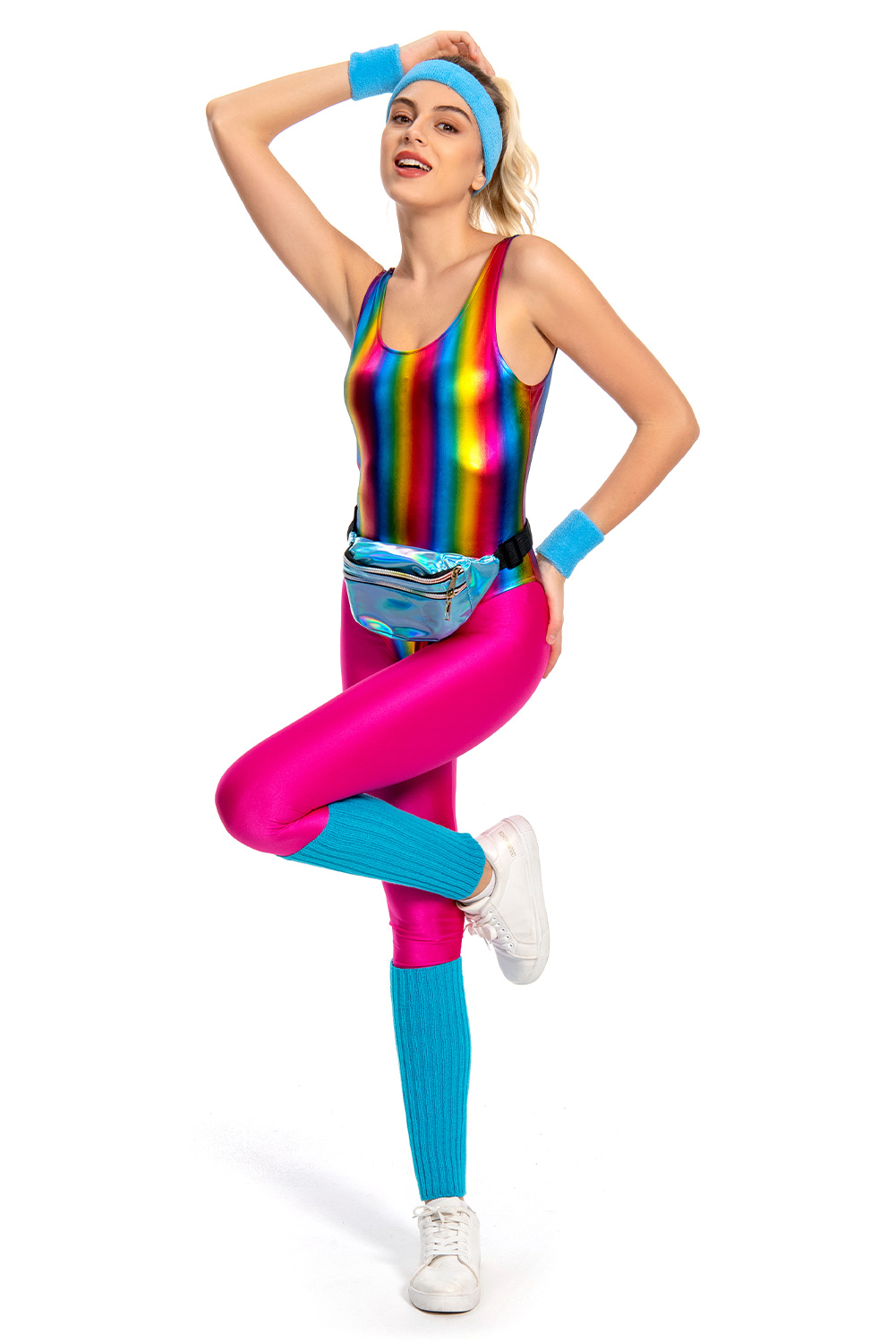 80S Retro Vintage Women Colorful Shiny Surface Gym Outfits Halloween Carnival Suit