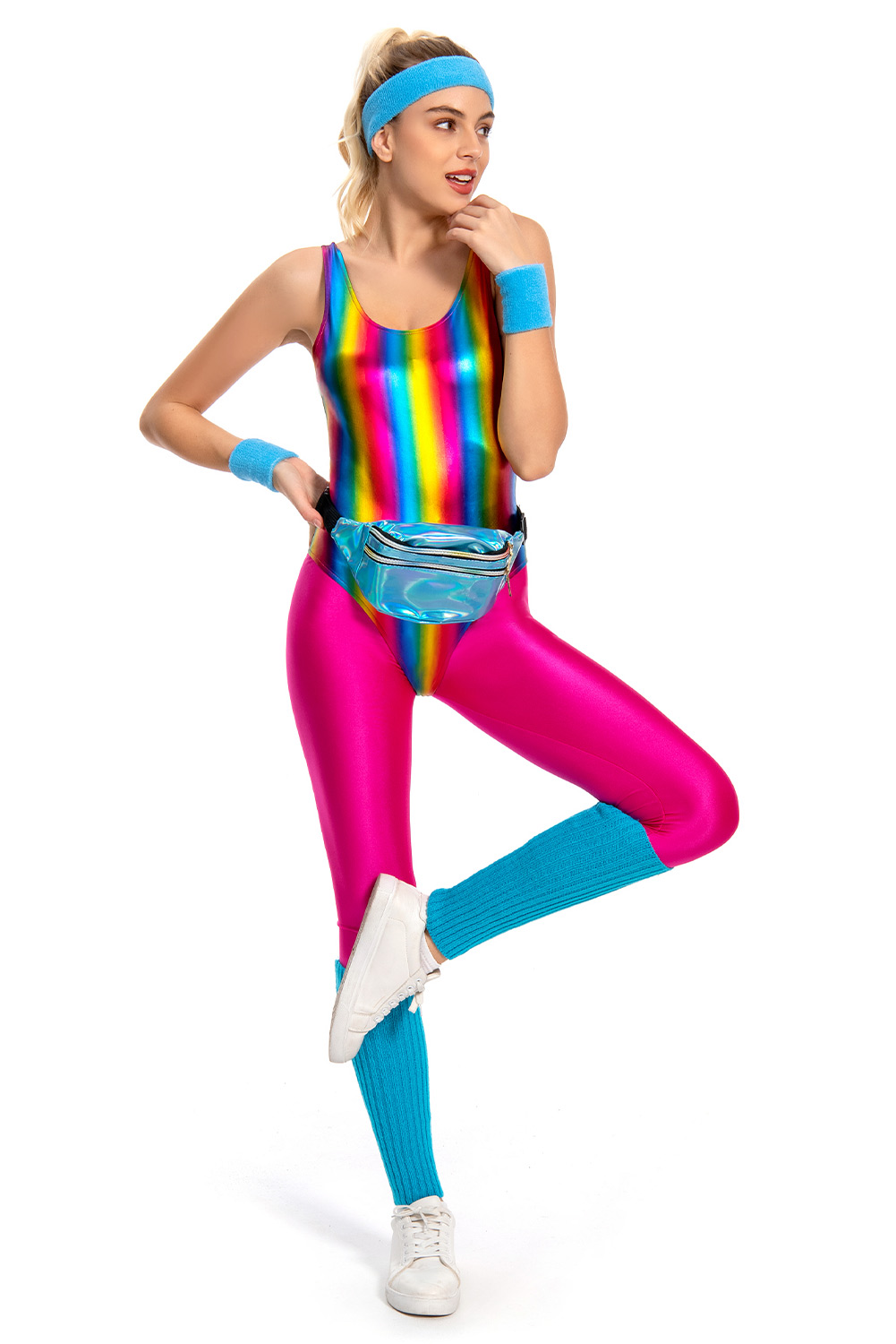 80S Retro Vintage Women Colorful Shiny Surface Gym Outfits Halloween Carnival Suit