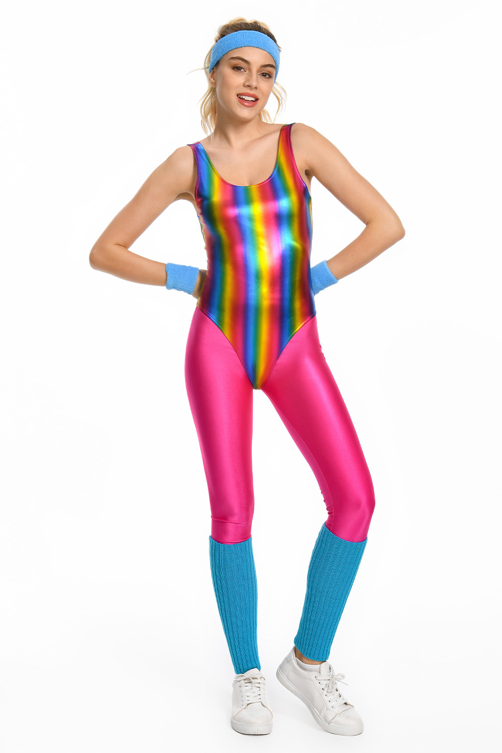 80S Retro Vintage Women Colorful Shiny Surface Gym Outfits Halloween Carnival Suit