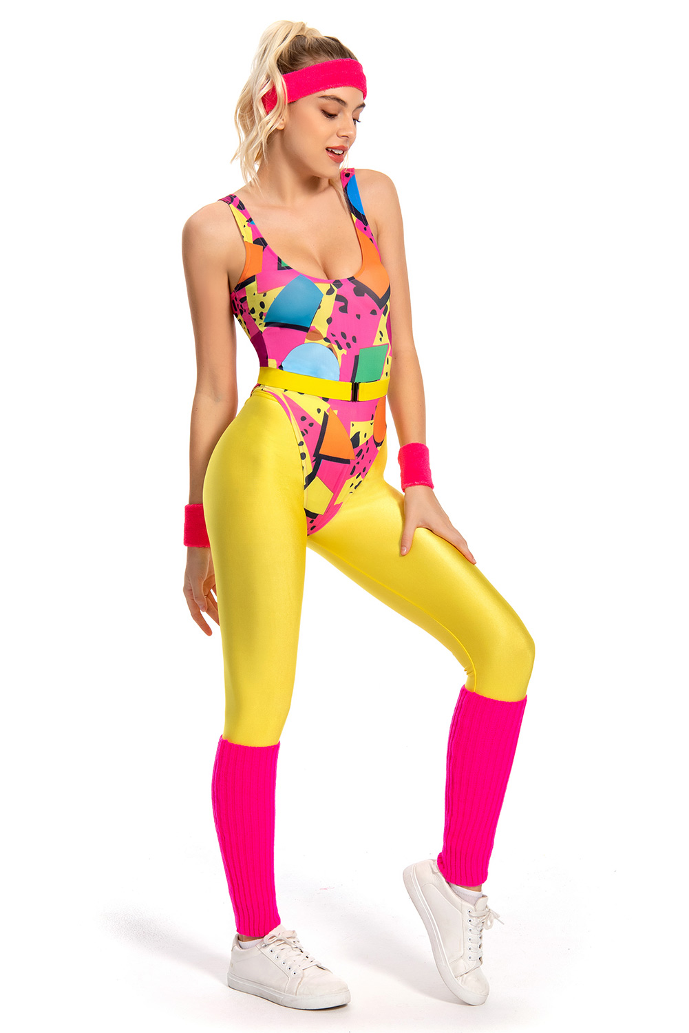80S Retro Vintage Women Colorful Printing Gym Outfits Halloween Carnival Suit