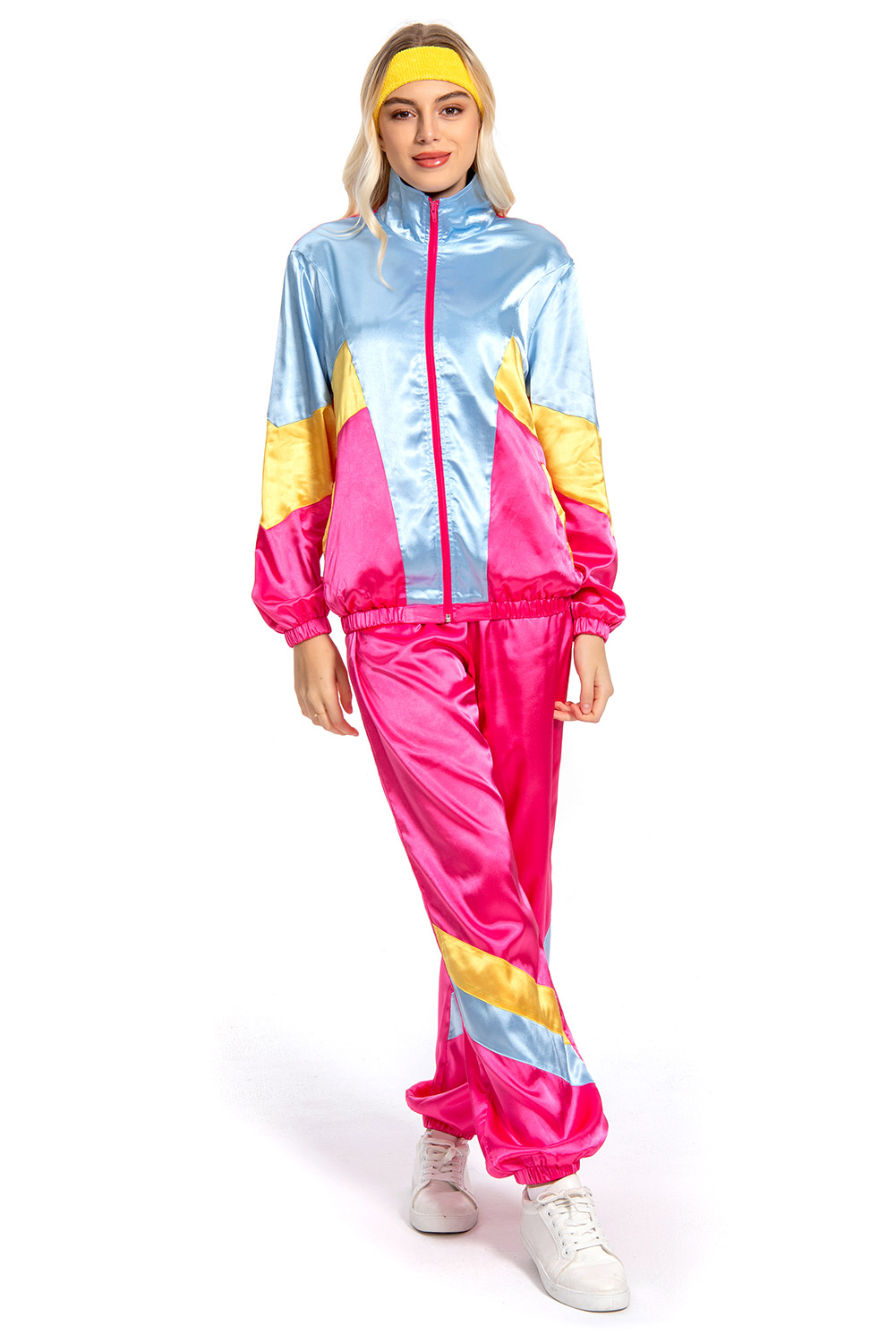 80S Retro Vintage Hip-Hop Rose Red Stitching Blue Sportswear Halloween Carnival Suit