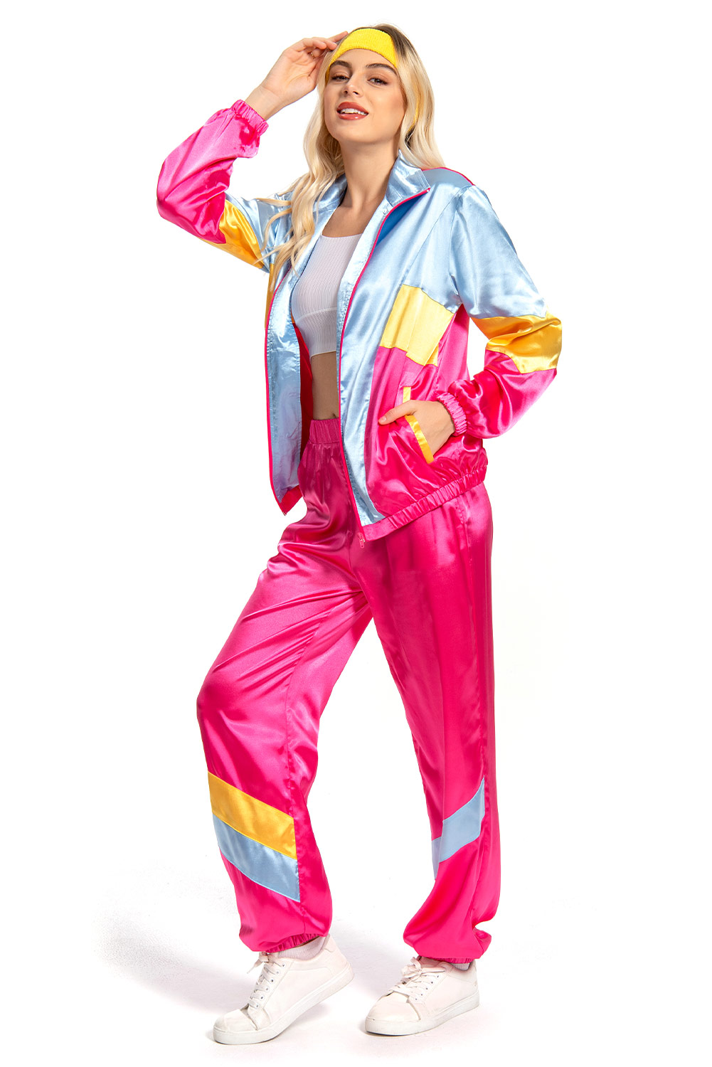 80S Retro Vintage Hip-Hop Rose Red Stitching Blue Sportswear Halloween Carnival Suit