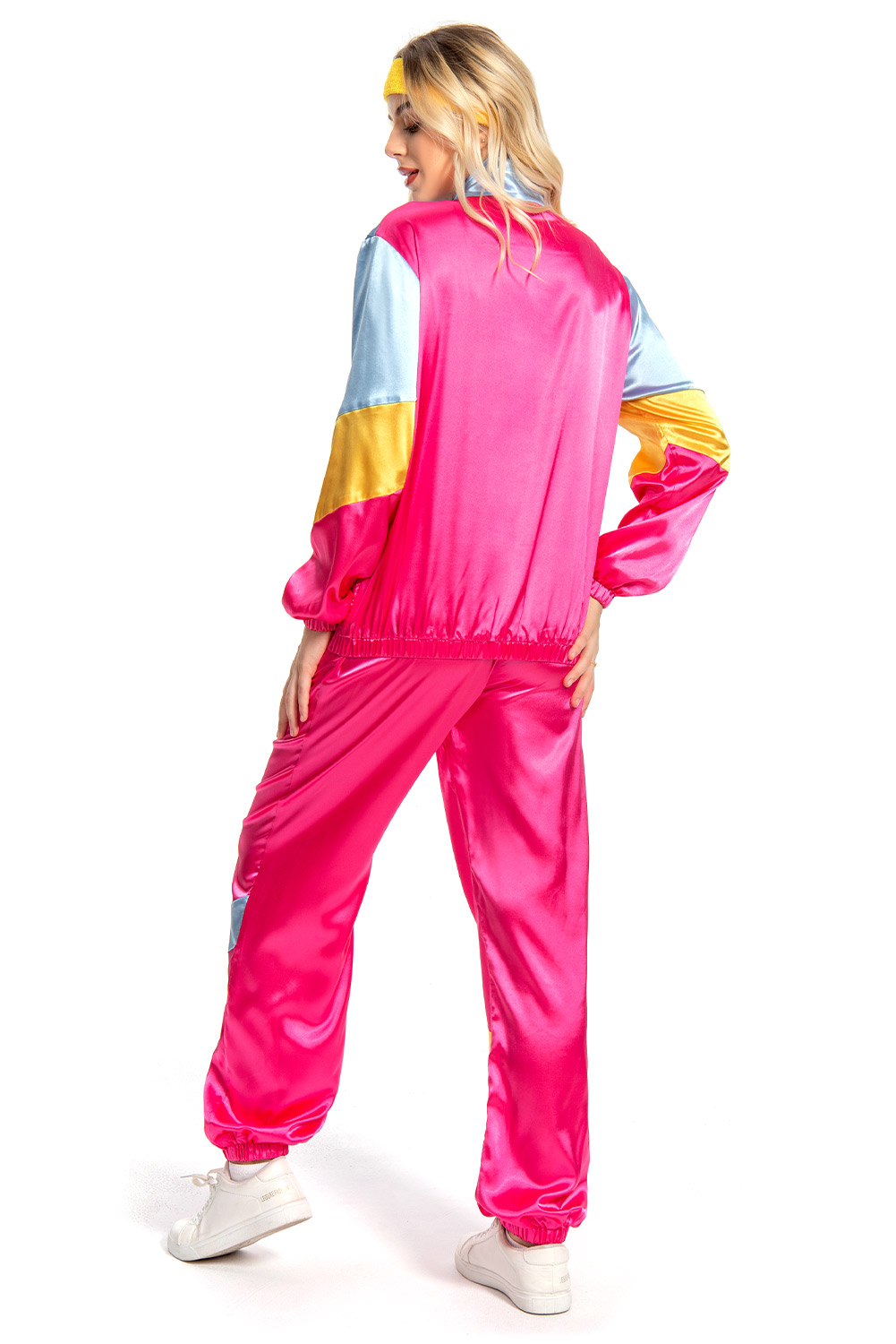 80S Retro Vintage Hip-Hop Rose Red Stitching Blue Sportswear Halloween Carnival Suit