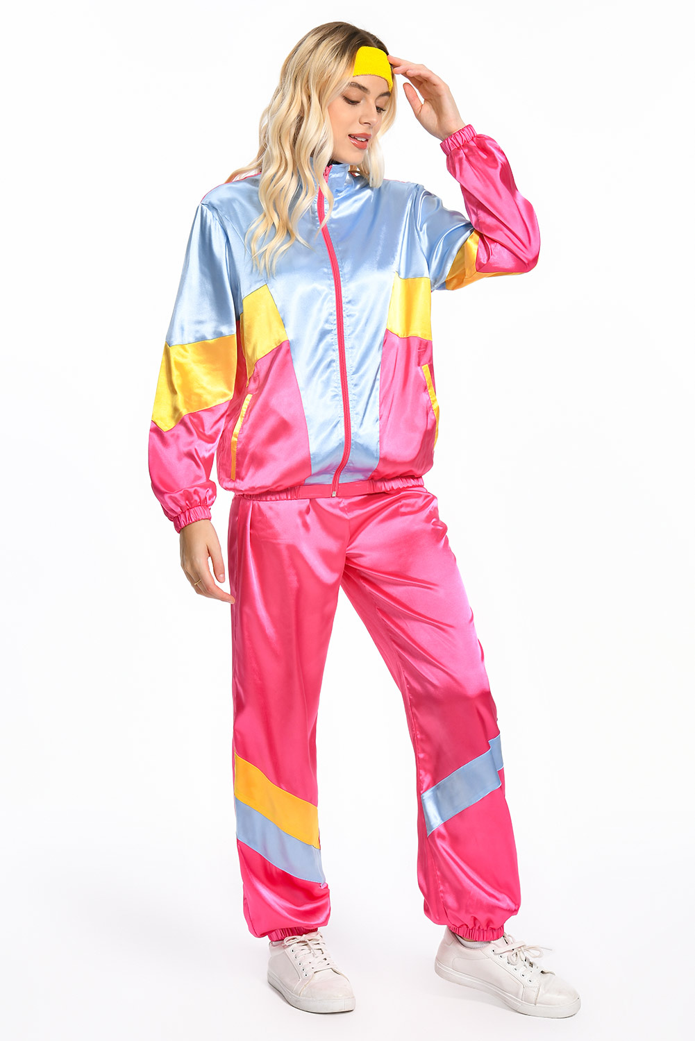 80S Retro Vintage Hip-Hop Rose Red Stitching Blue Sportswear Halloween Carnival Suit