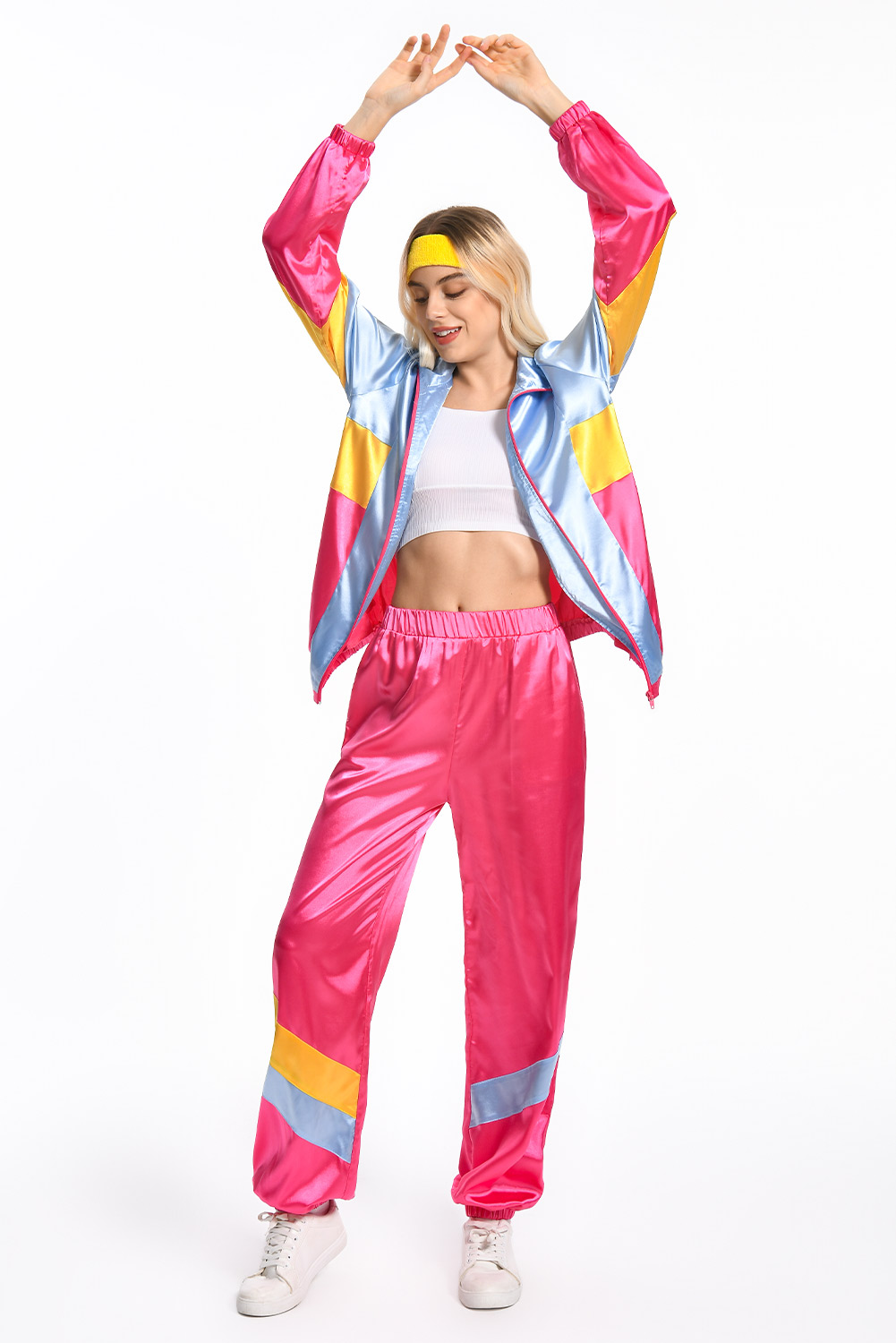 80S Retro Vintage Hip-Hop Rose Red Stitching Blue Sportswear Halloween Carnival Suit