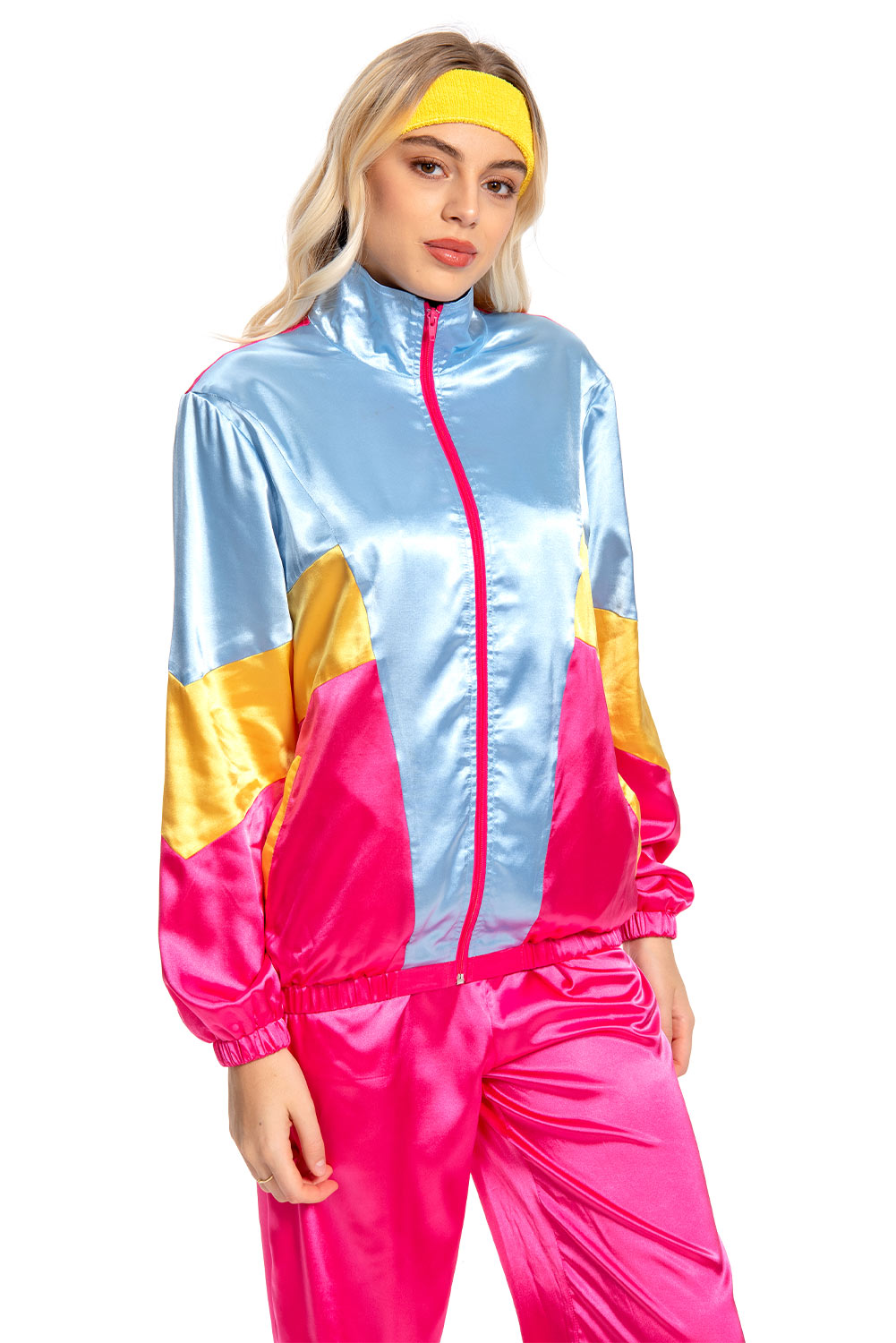 80S Retro Vintage Hip-Hop Rose Red Stitching Blue Sportswear Halloween Carnival Suit