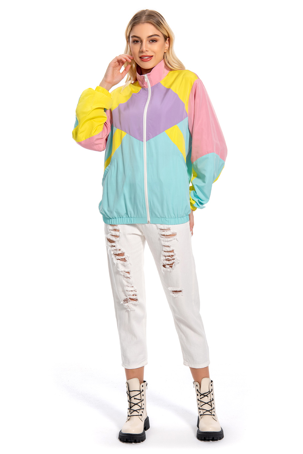 80S Color Block Vintage Outer Jacket For Women Halloween Carnival Suit