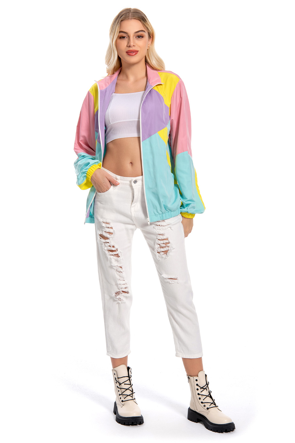 80S Color Block Vintage Outer Jacket For Women Halloween Carnival Suit