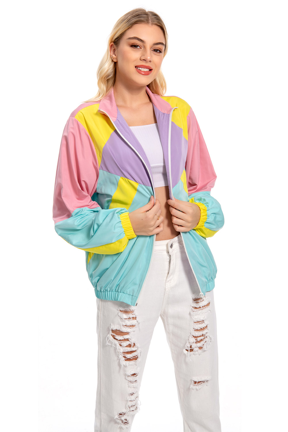 80S Color Block Vintage Outer Jacket For Women Halloween Carnival Suit
