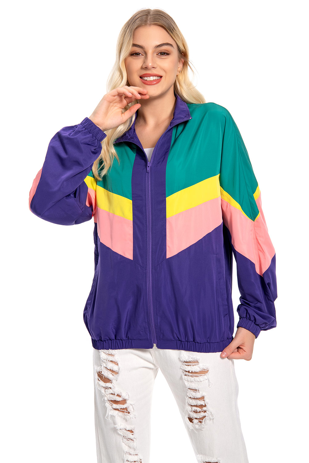 80S Retro Vintage Hip-Hop Colorblock Outer Jacket Halloween Carnival Suit