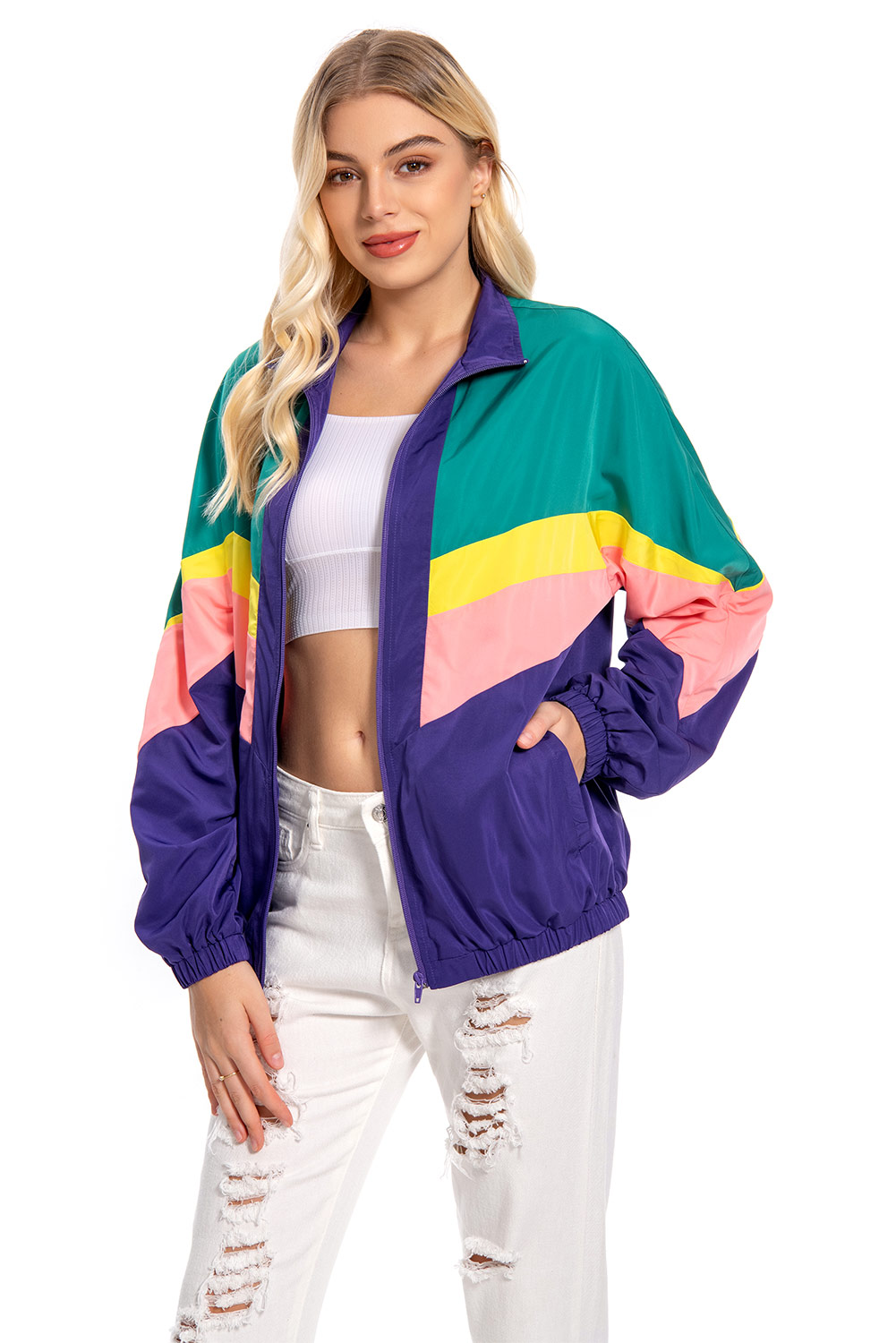 80S Retro Vintage Hip-Hop Colorblock Outer Jacket Halloween Carnival Suit