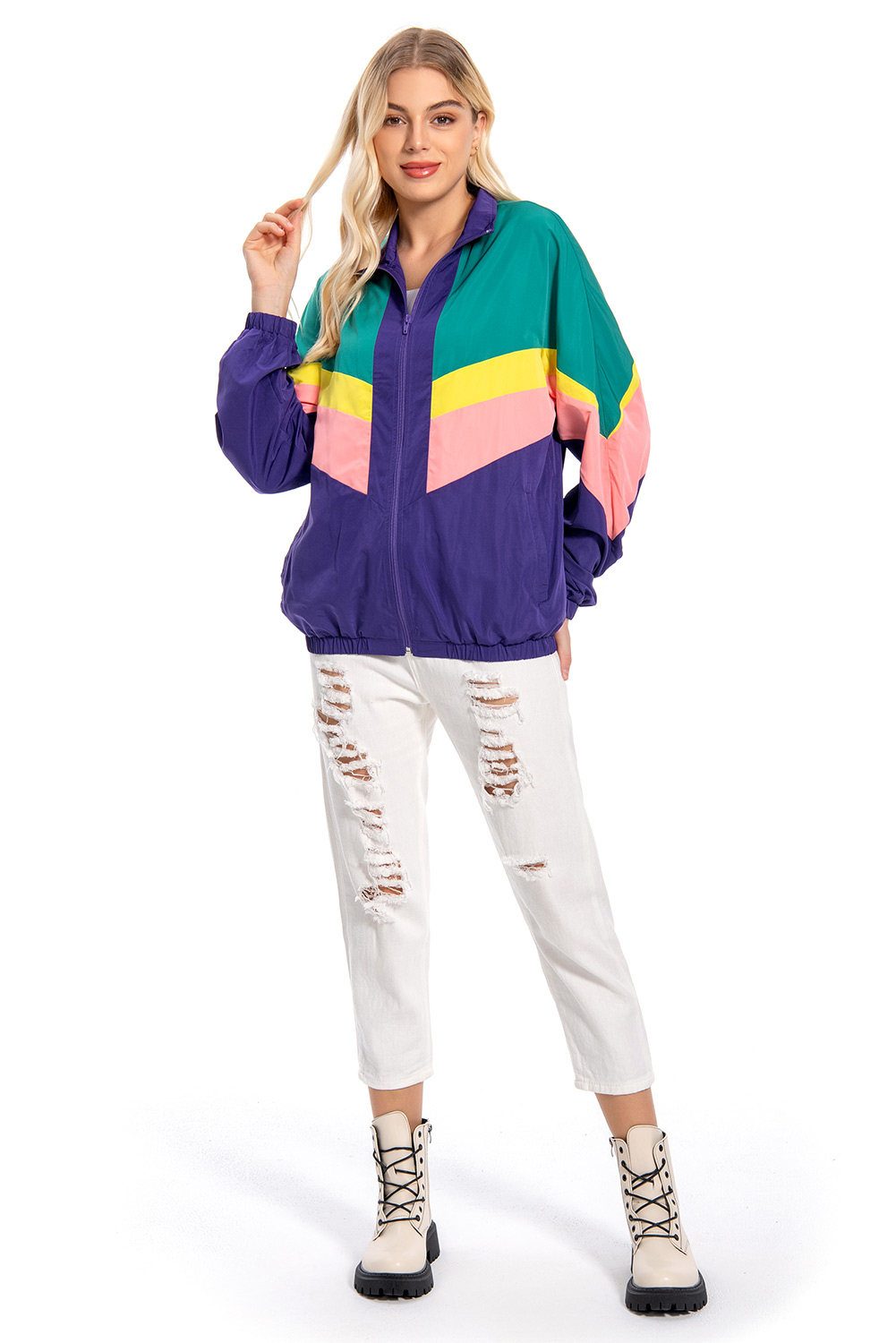 80S Retro Vintage Hip-Hop Colorblock Outer Jacket Halloween Carnival Suit