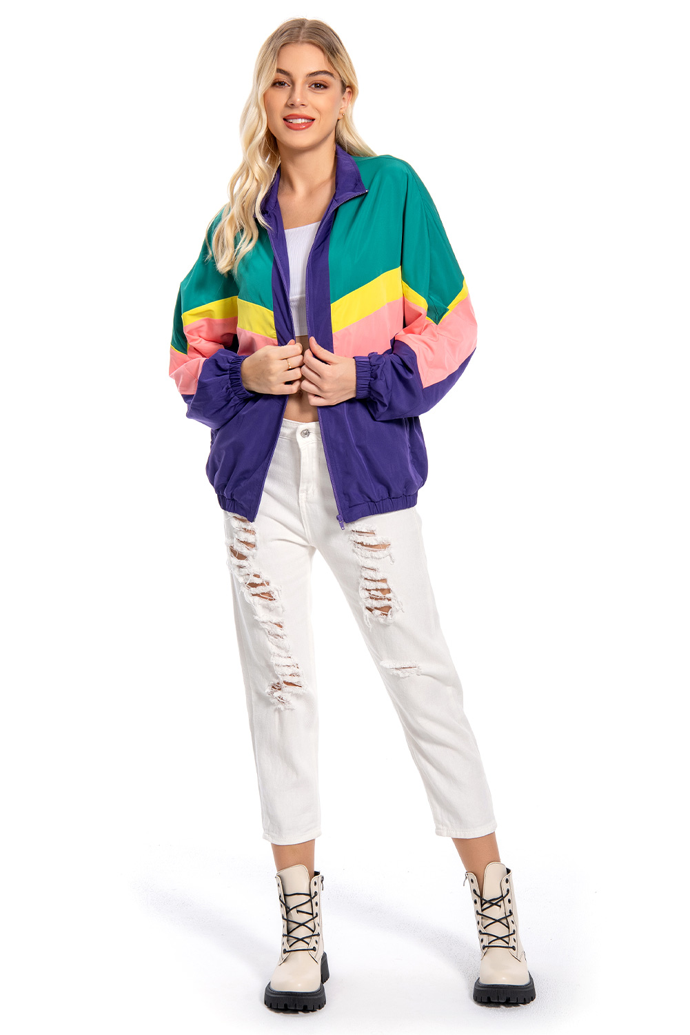 80S Retro Vintage Hip-Hop Colorblock Outer Jacket Halloween Carnival Suit