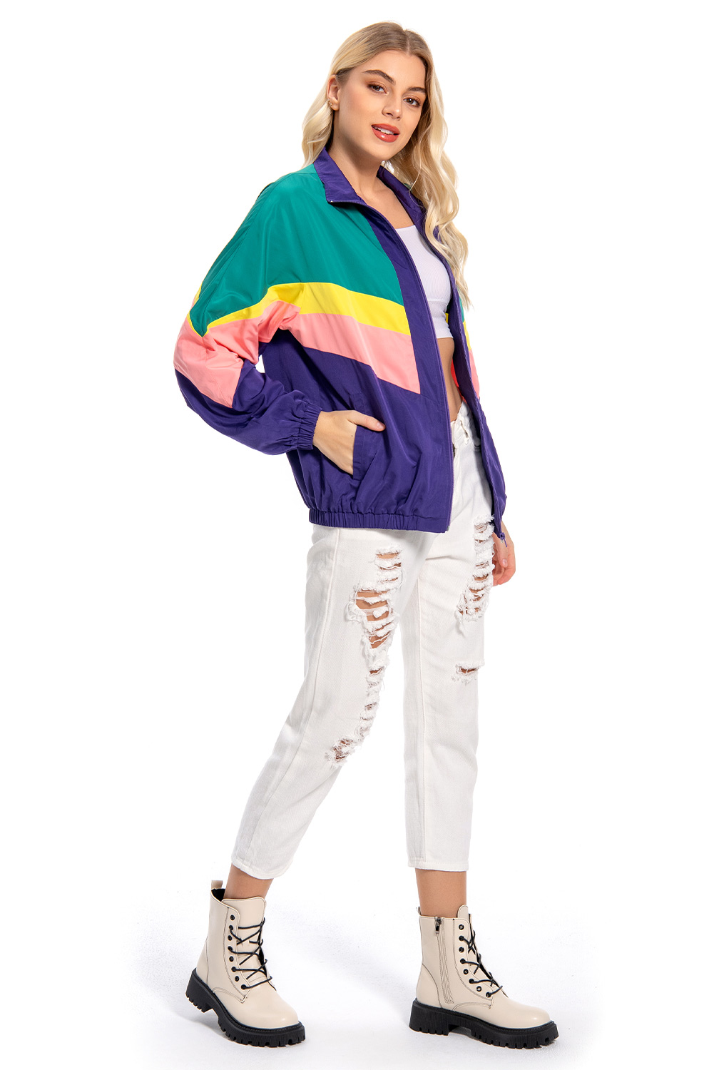 80S Retro Vintage Hip-Hop Colorblock Outer Jacket Halloween Carnival Suit