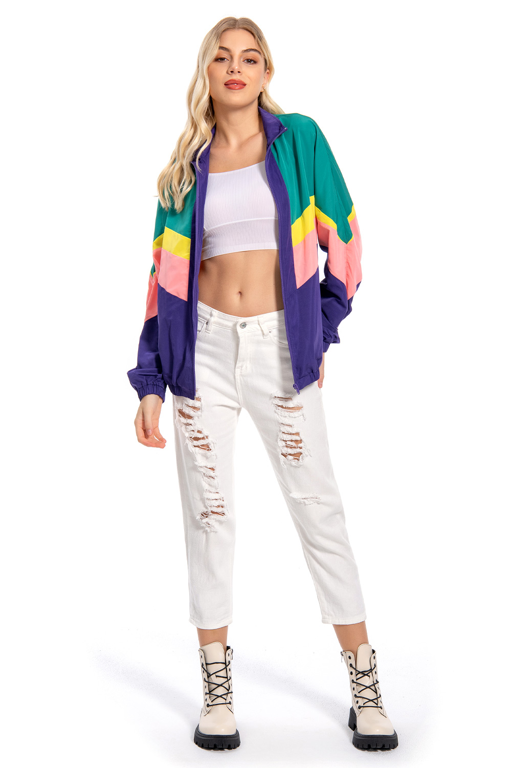 80S Retro Vintage Hip-Hop Colorblock Outer Jacket Halloween Carnival Suit