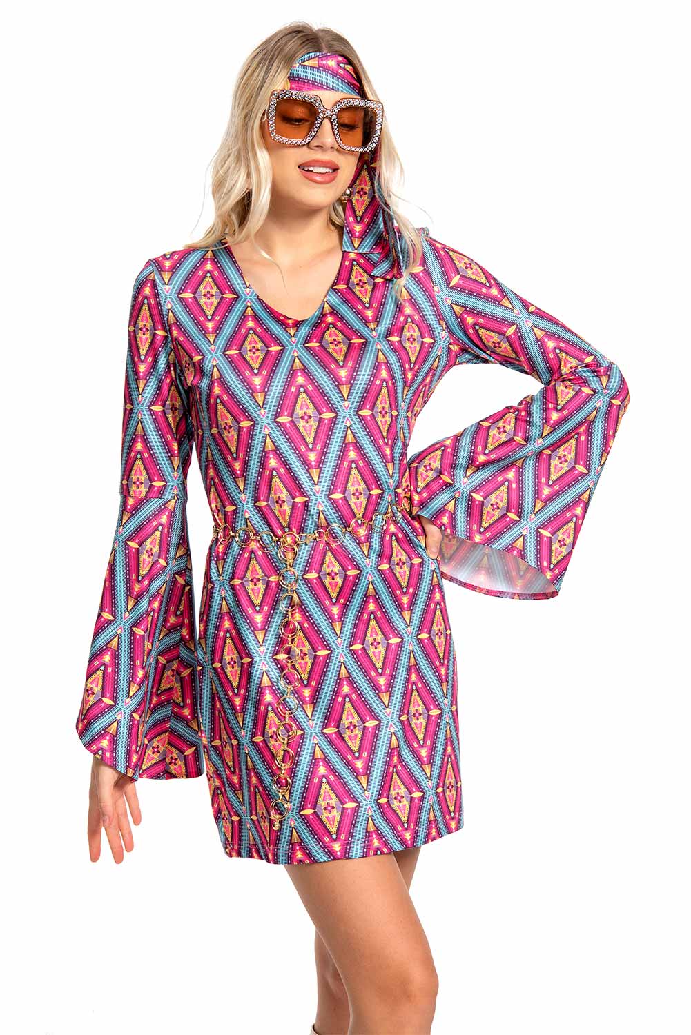 Retro Vintage Women Party Prismatic Print Dress Halloween Carnival Suit