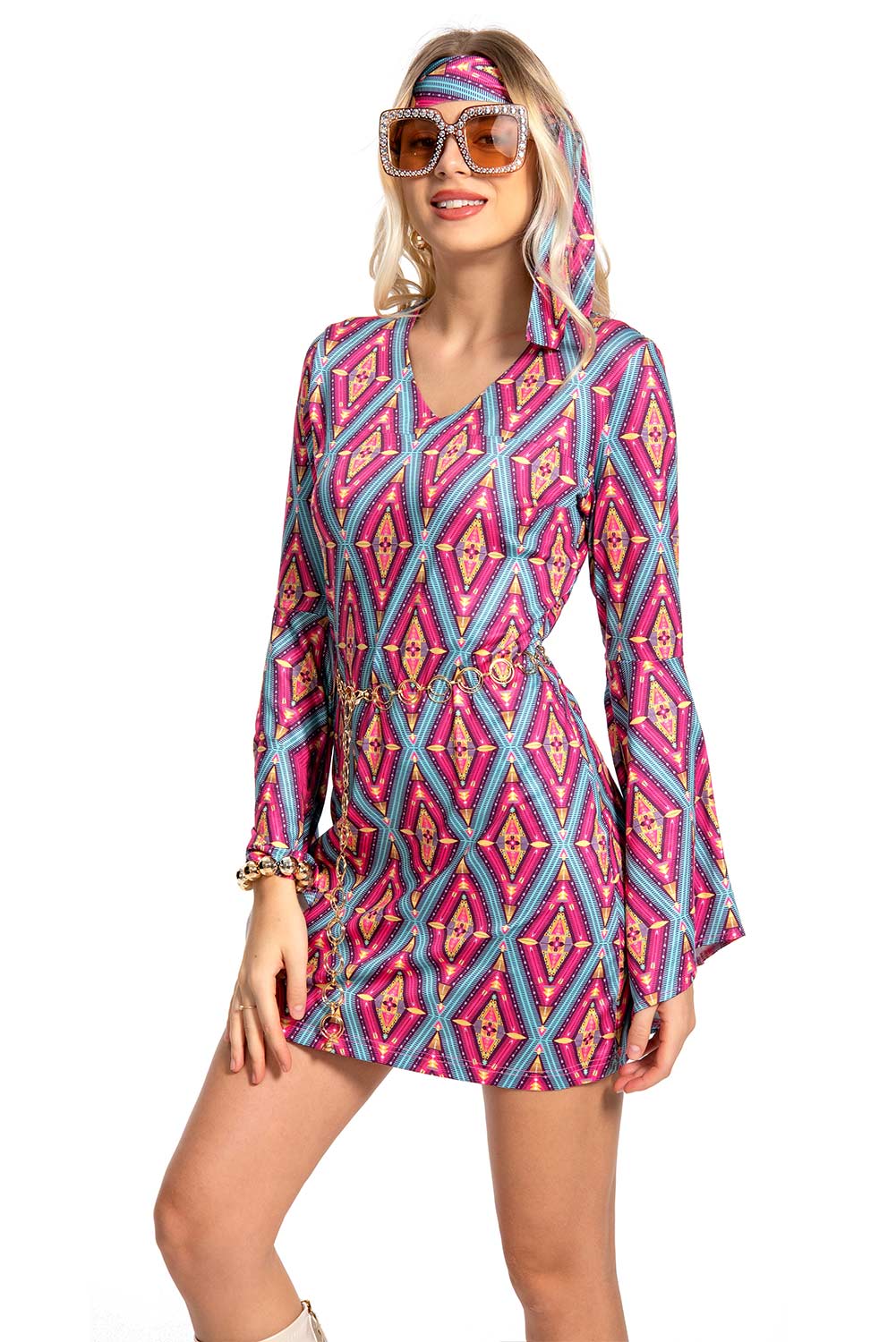 Retro Vintage Women Party Prismatic Print Dress Halloween Carnival Suit