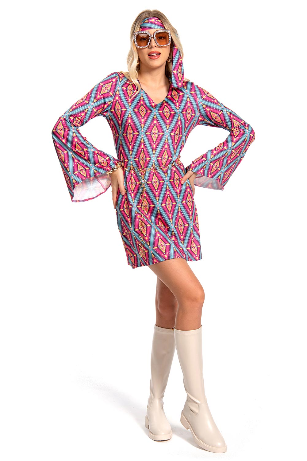 Retro Vintage Women Party Prismatic Print Dress Halloween Carnival Suit